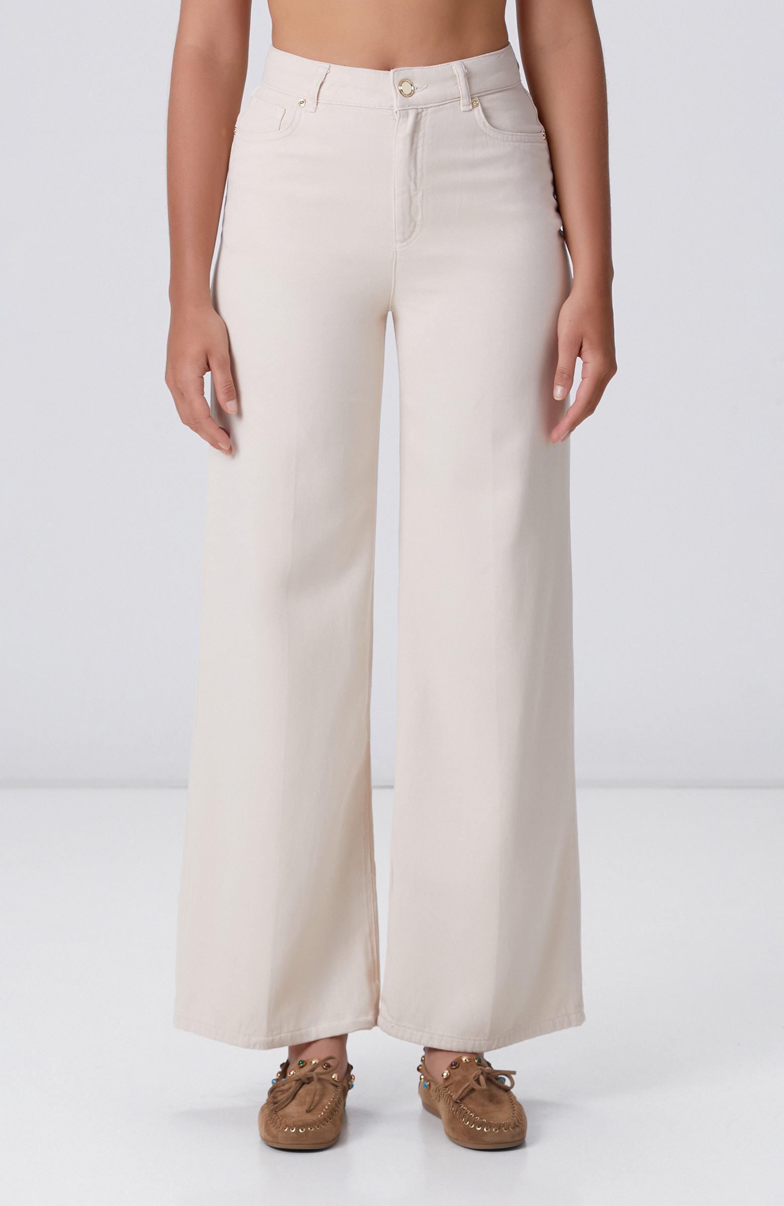 Kırık Beyaz Wide Leg Tencel Casual Pantolon