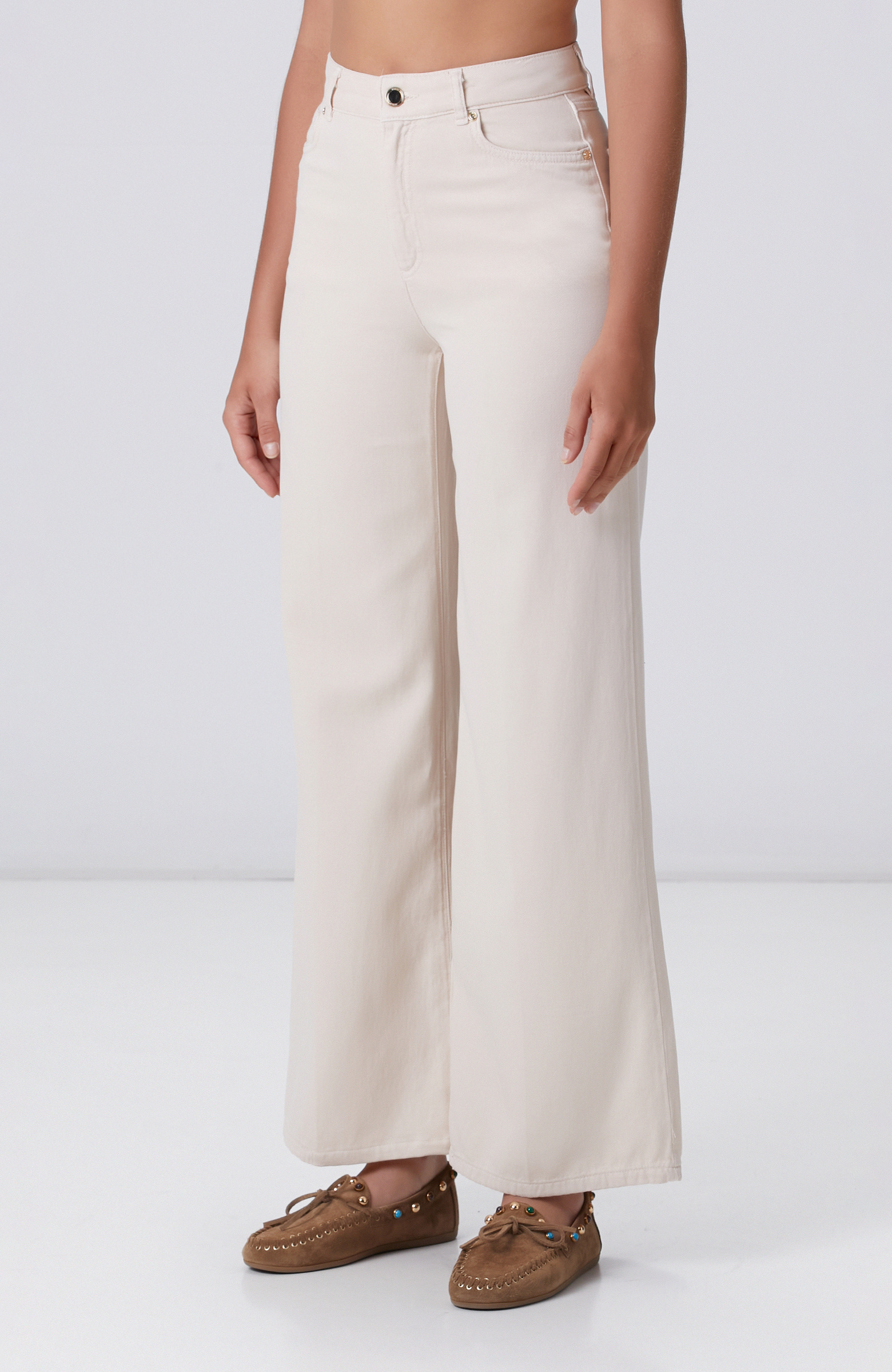 Kırık Beyaz Wide Leg Tencel Casual Pantolon