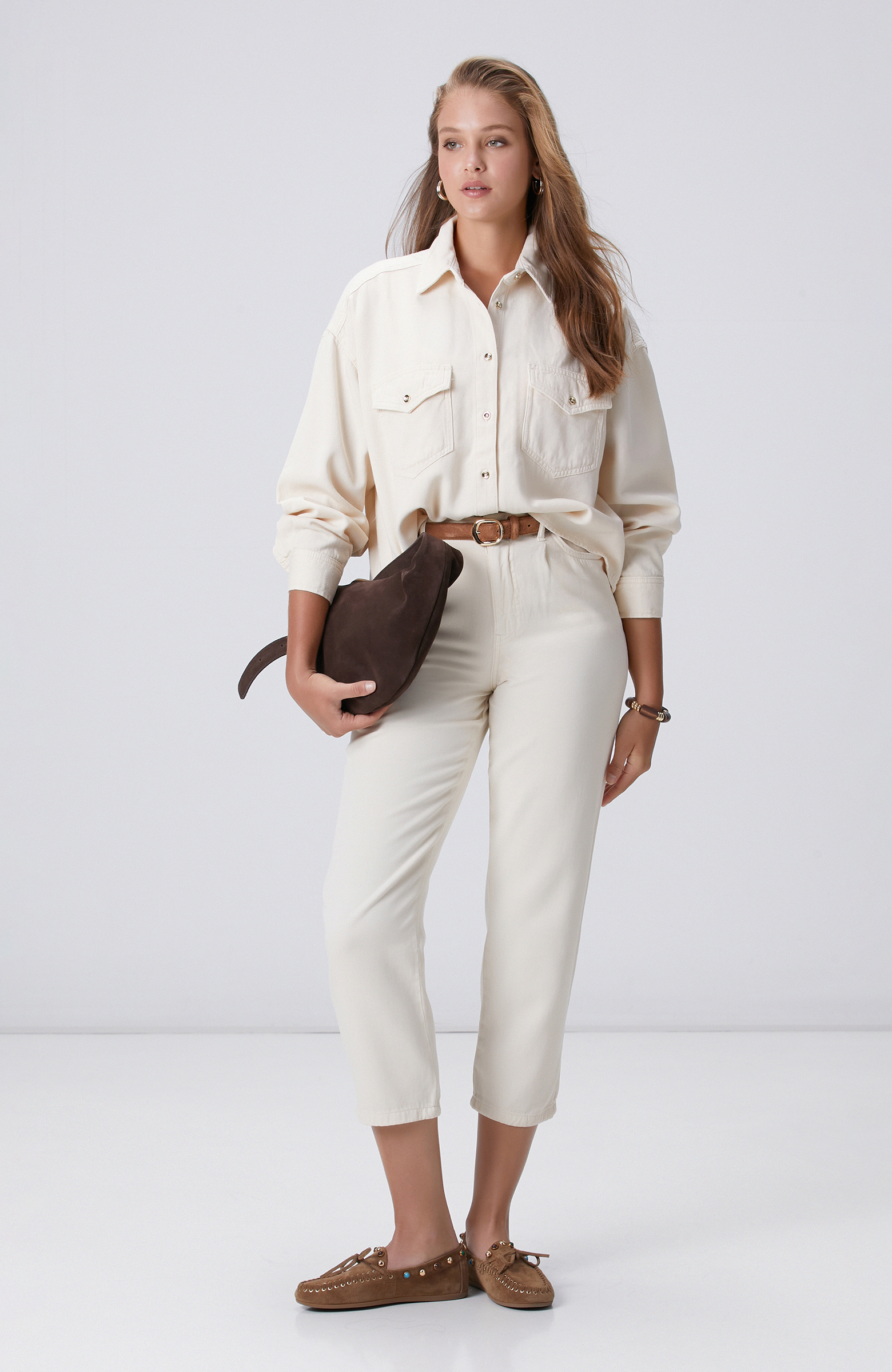 Kırık Beyaz Tencel Karışımlı Denim Gömlek