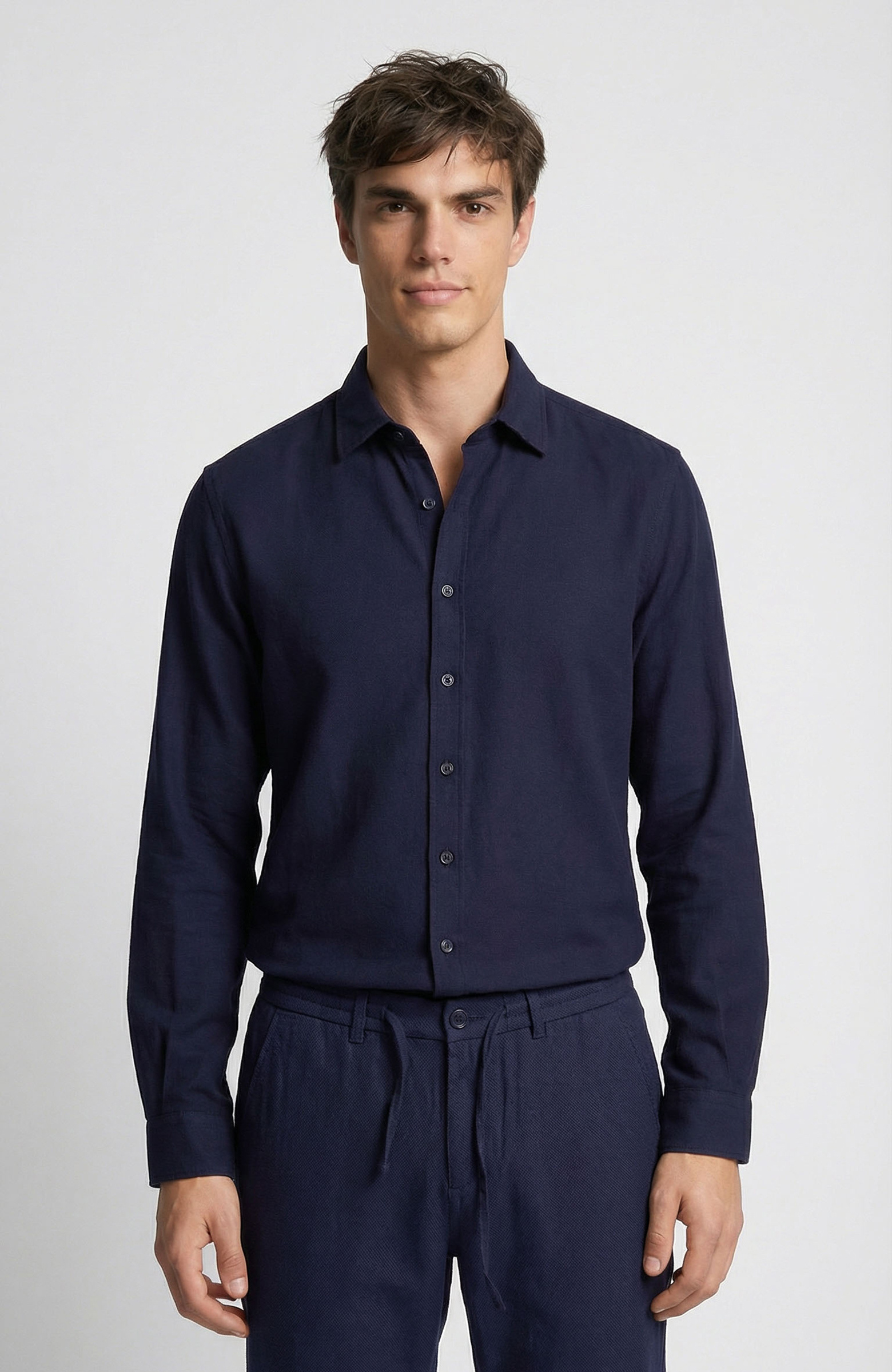 Lacivert Keten Karışımlı Gömlek