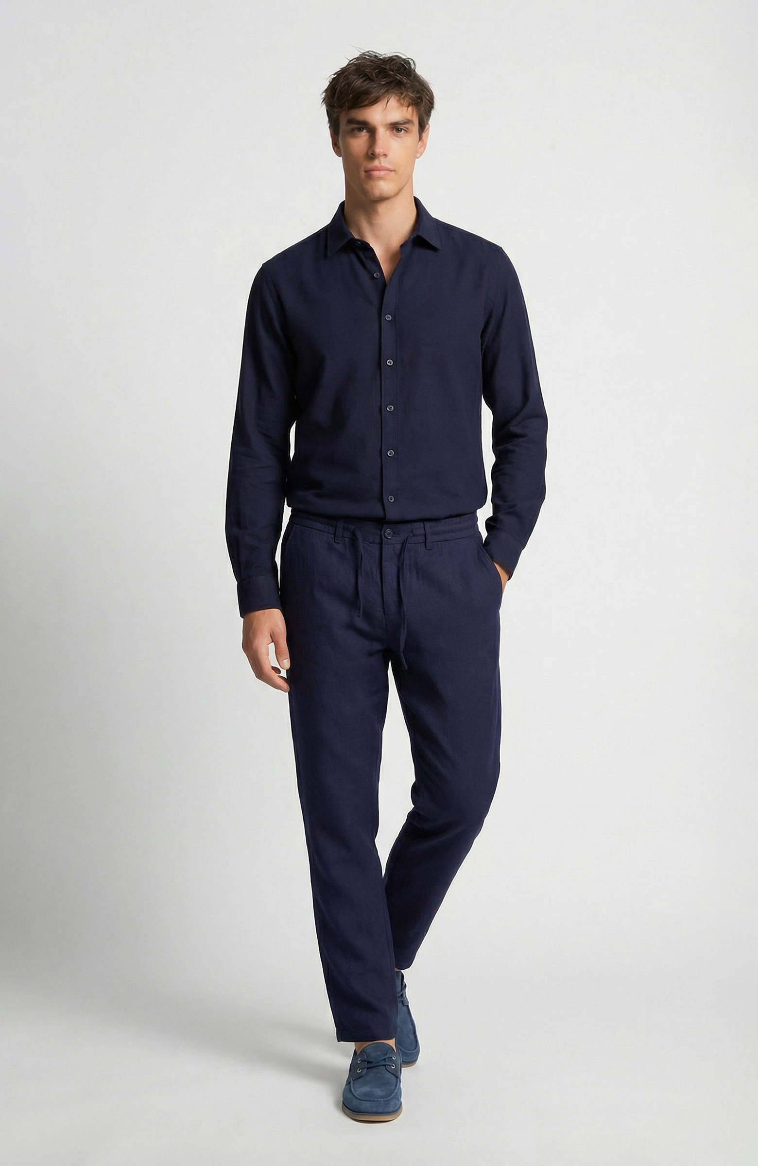 Lacivert Keten Karışımlı Gömlek