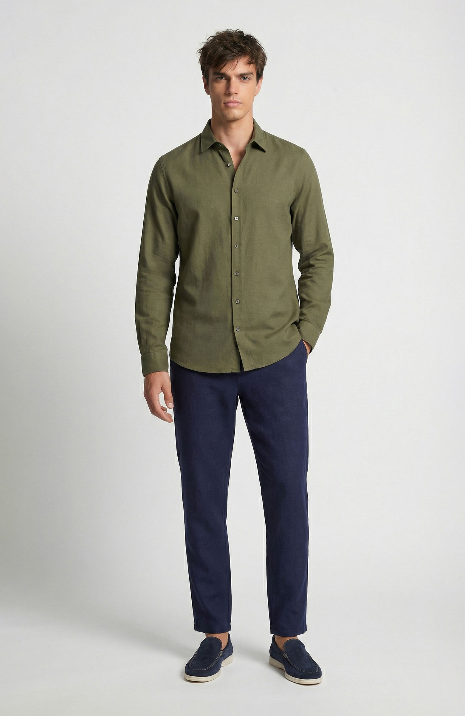 Haki Keten Karışımlı Gömlek