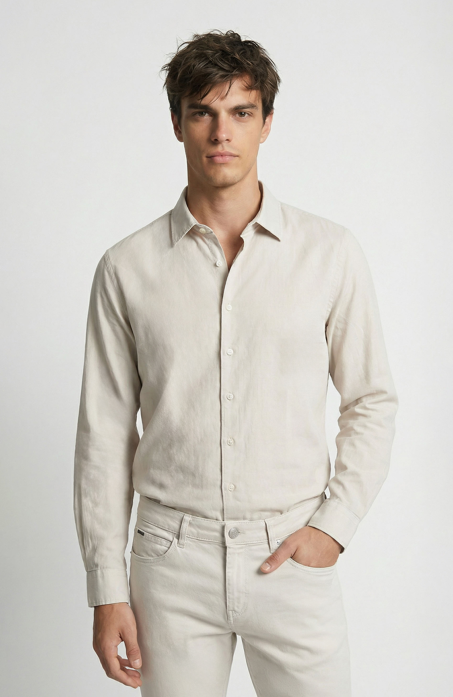 Bej Keten Karışımlı Gömlek