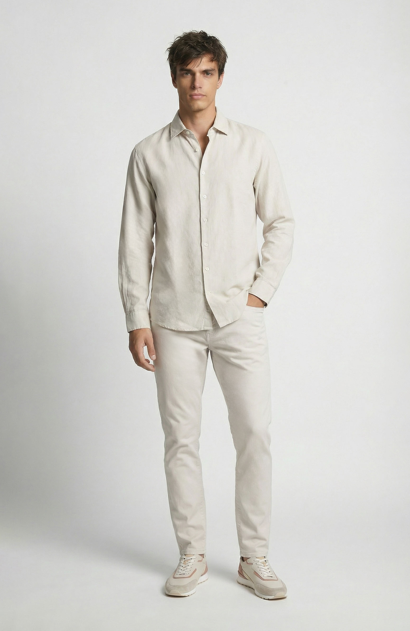 Bej Keten Karışımlı Gömlek