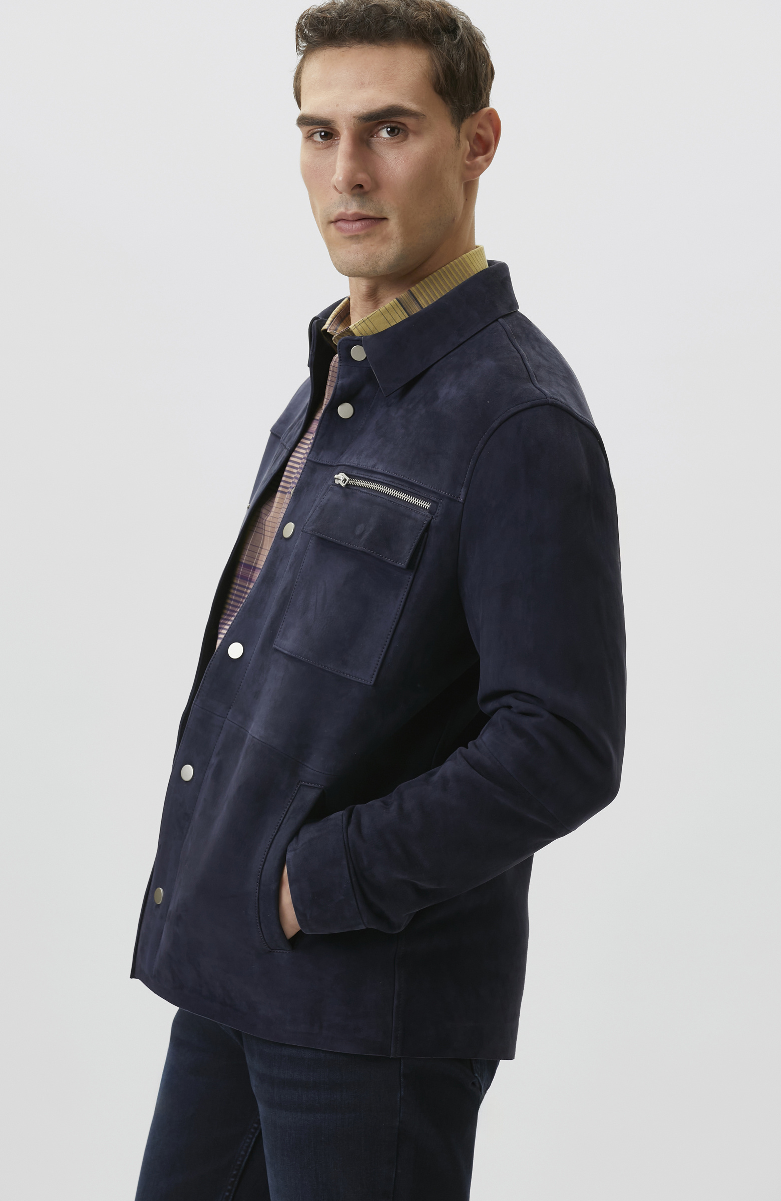 Lacivert Çıtçıtlı Süet Deri Mont