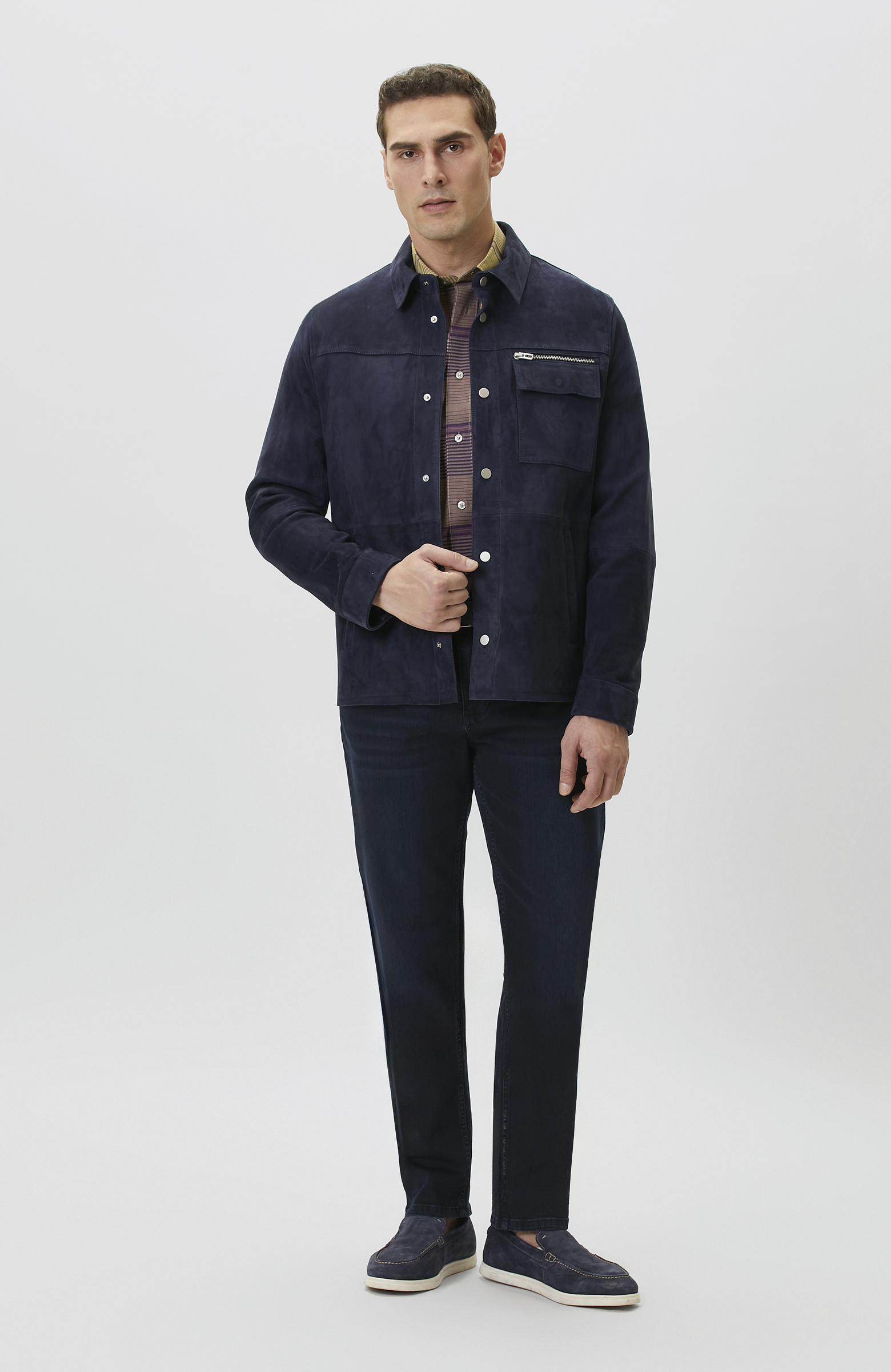 Lacivert Çıtçıtlı Süet Deri Mont