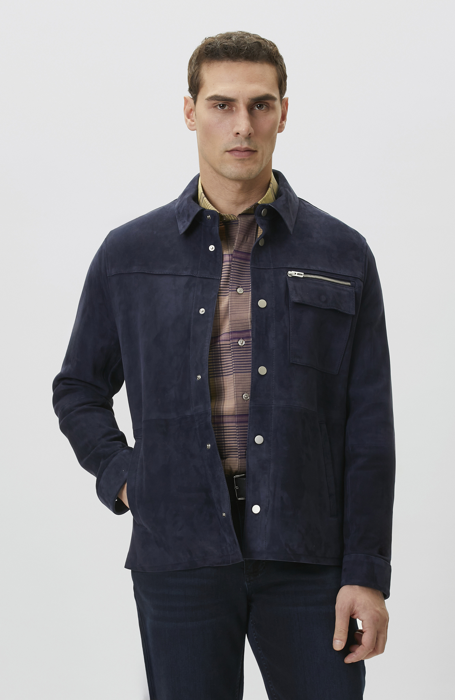 Lacivert Çıtçıtlı Süet Deri Mont