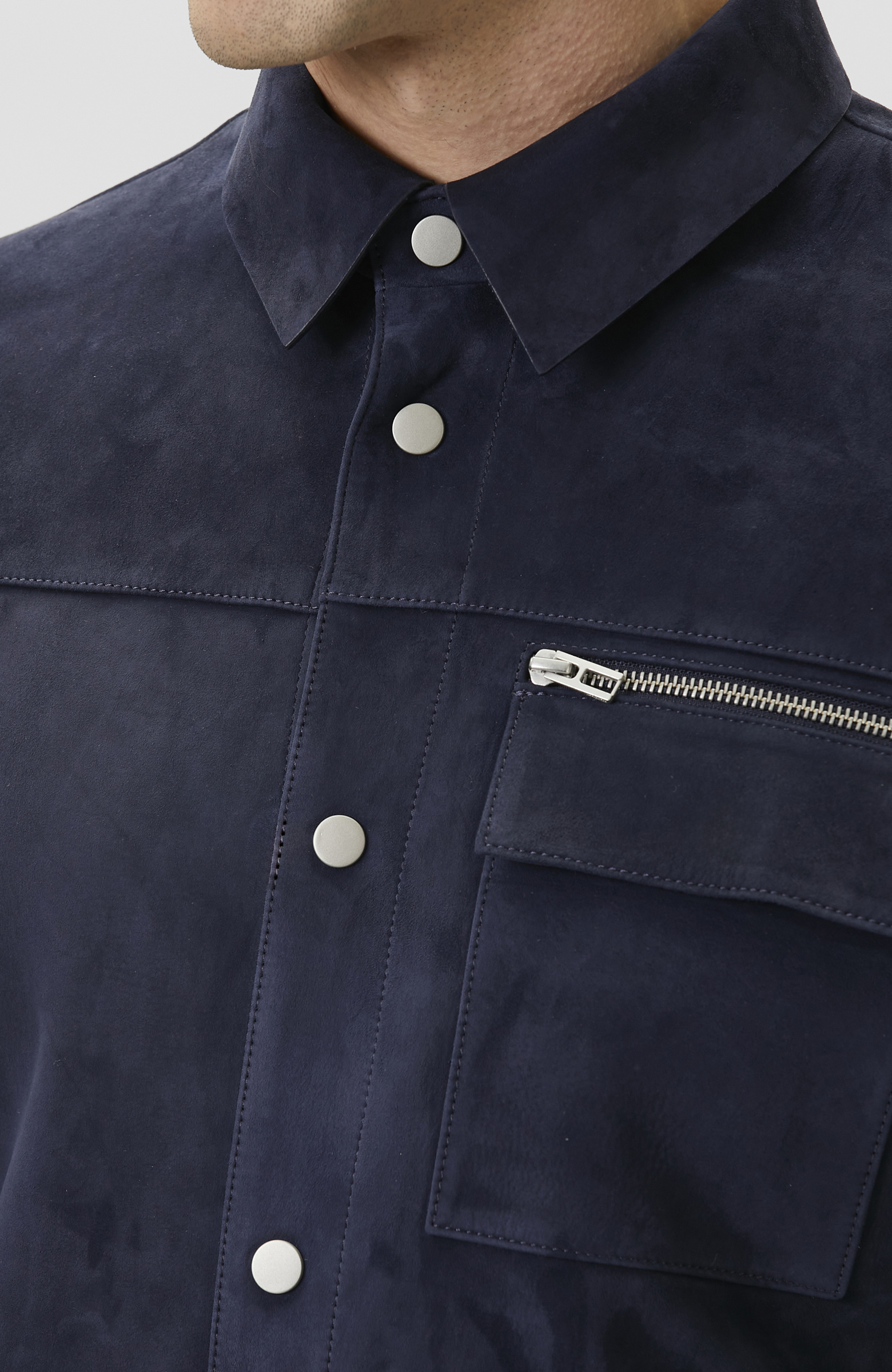 Lacivert Çıtçıtlı Süet Deri Mont