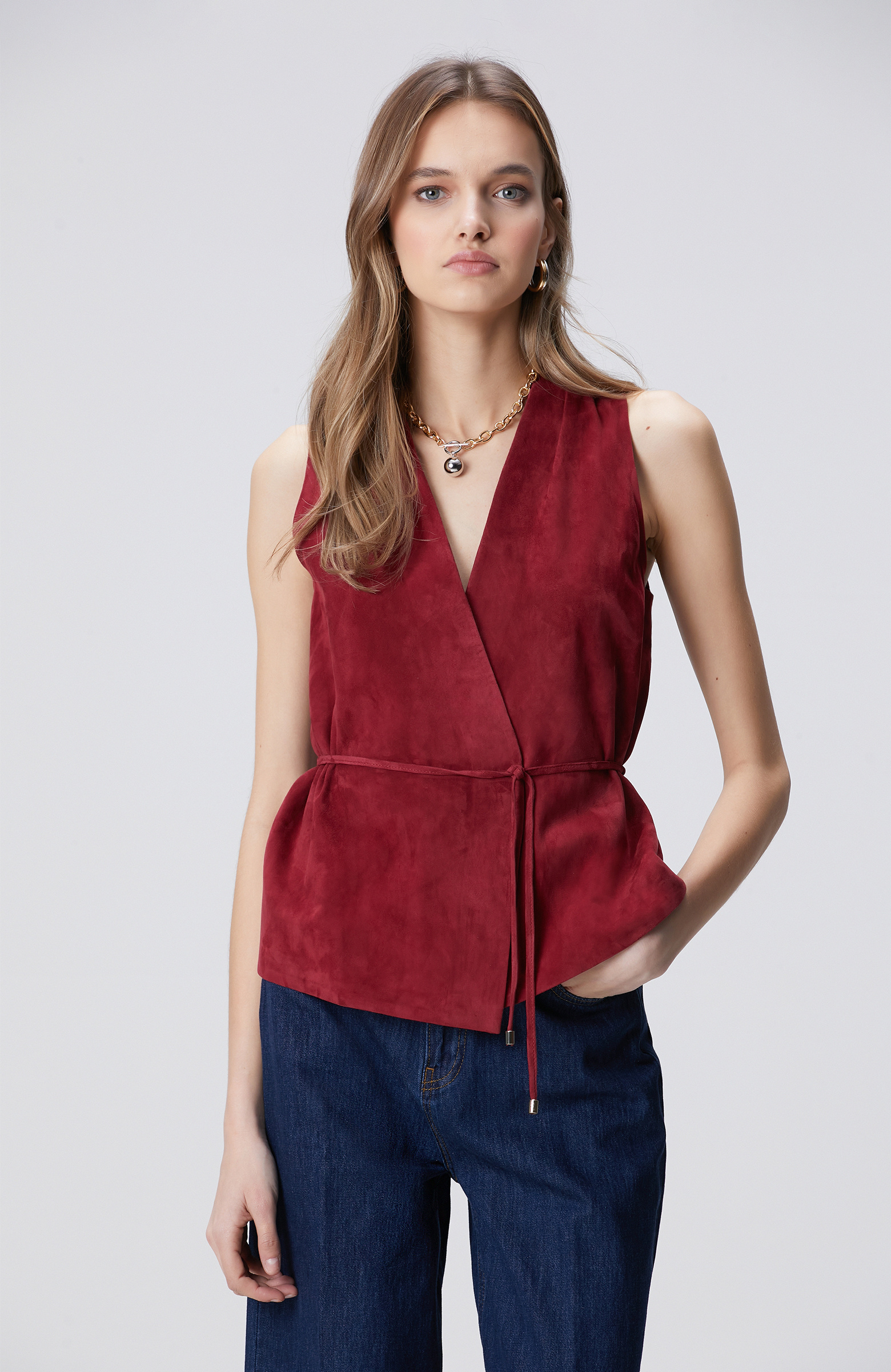 Vişne Deri Süet Yelek