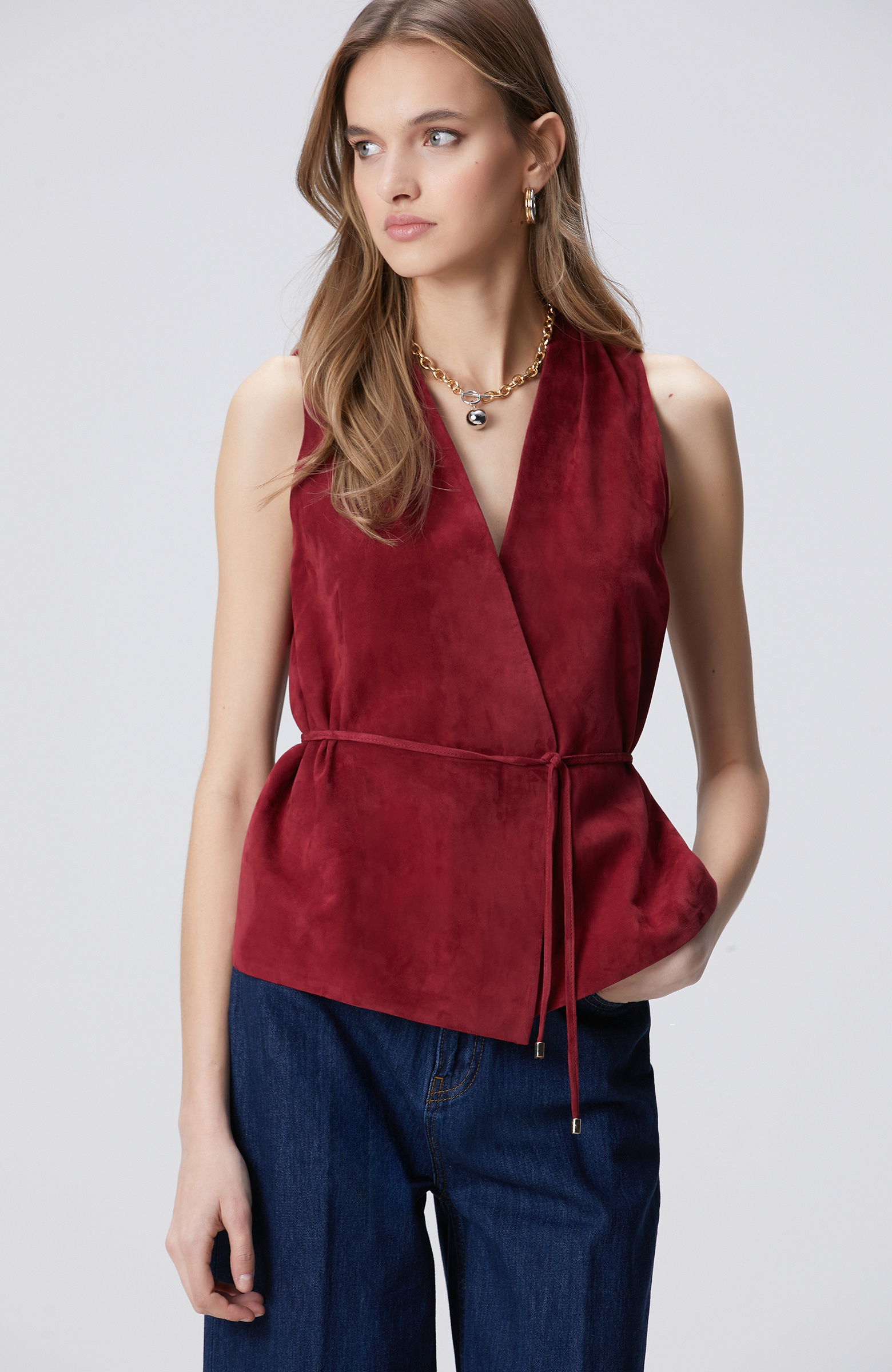 Vişne Deri Süet Yelek