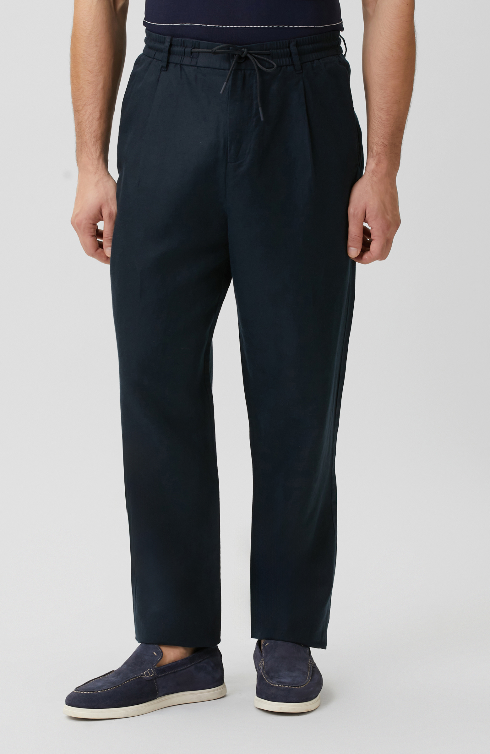 Lacivert Tek Pileli Keten Karışımlı Pantolon