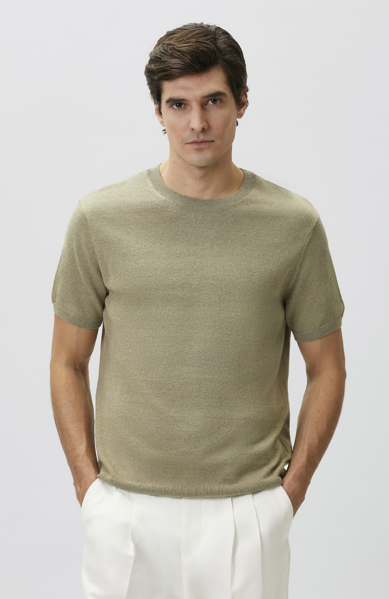 Slim Fit Açık Haki Keten Karışımlı Kazak