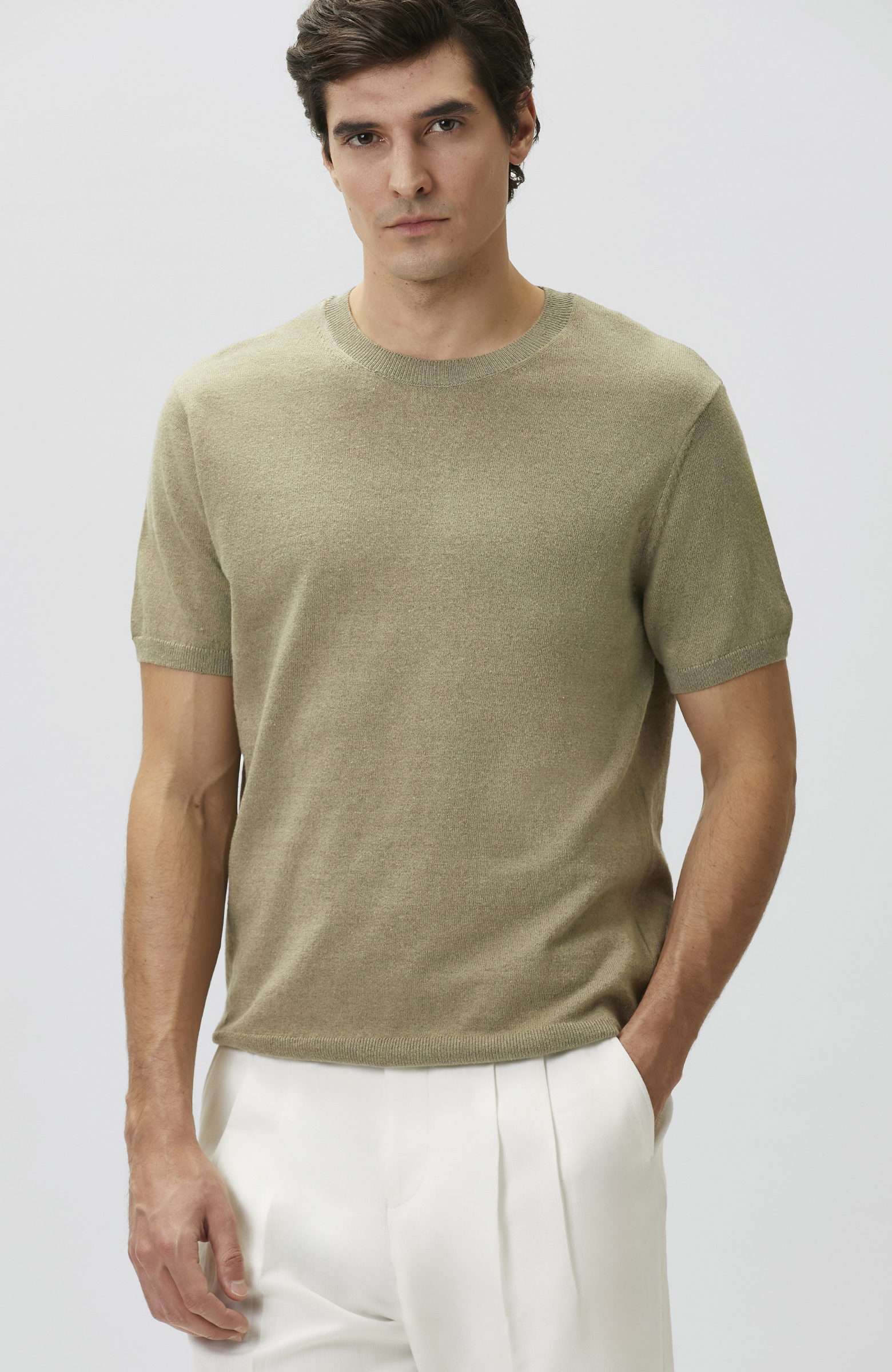 Slim Fit Açık Haki Keten Karışımlı Kazak