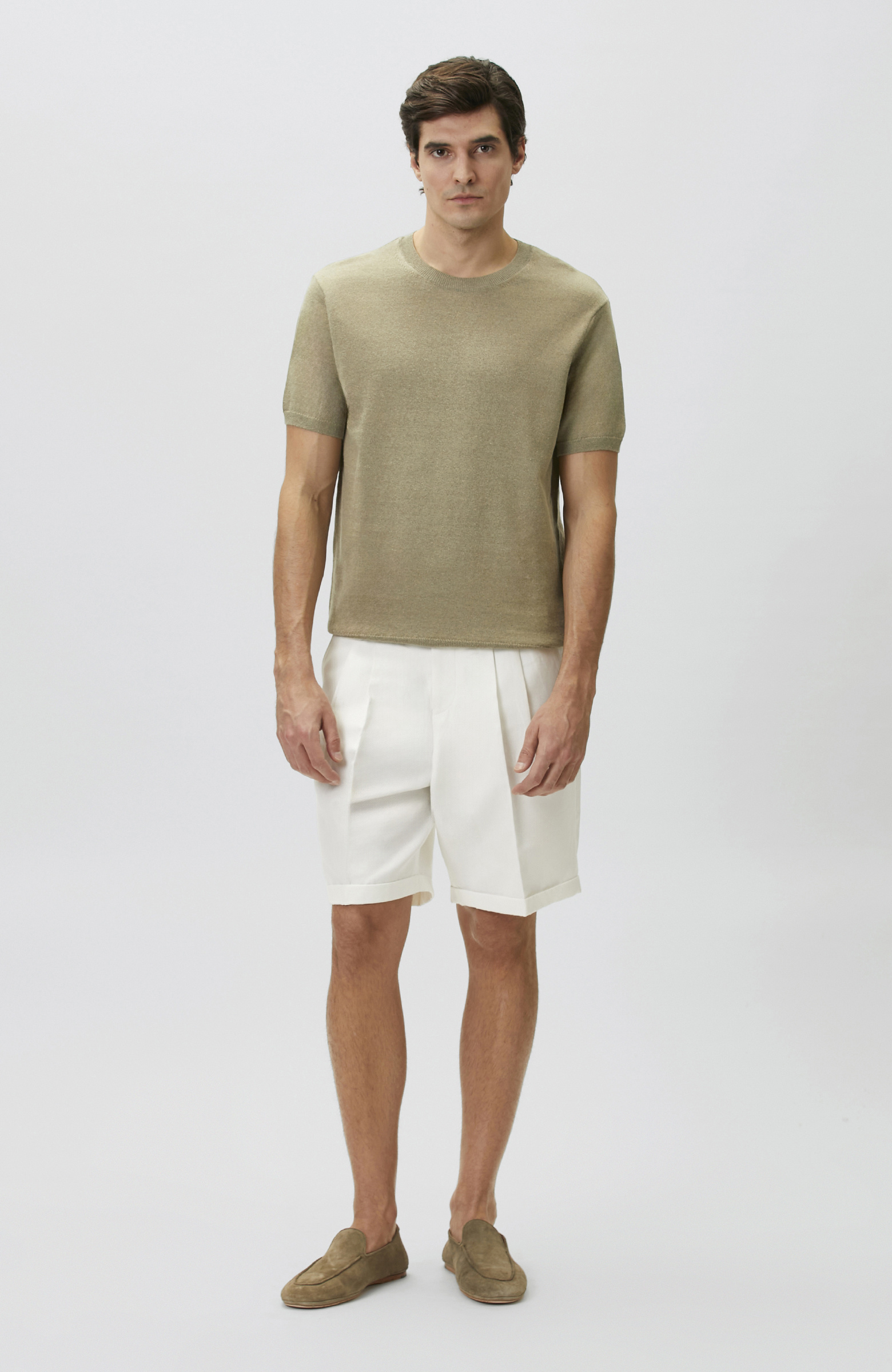 Slim Fit Açık Haki Keten Karışımlı Kazak