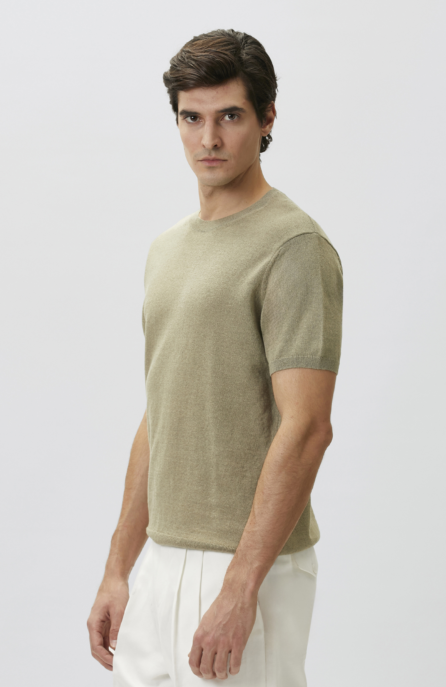 Slim Fit Açık Haki Keten Karışımlı Kazak