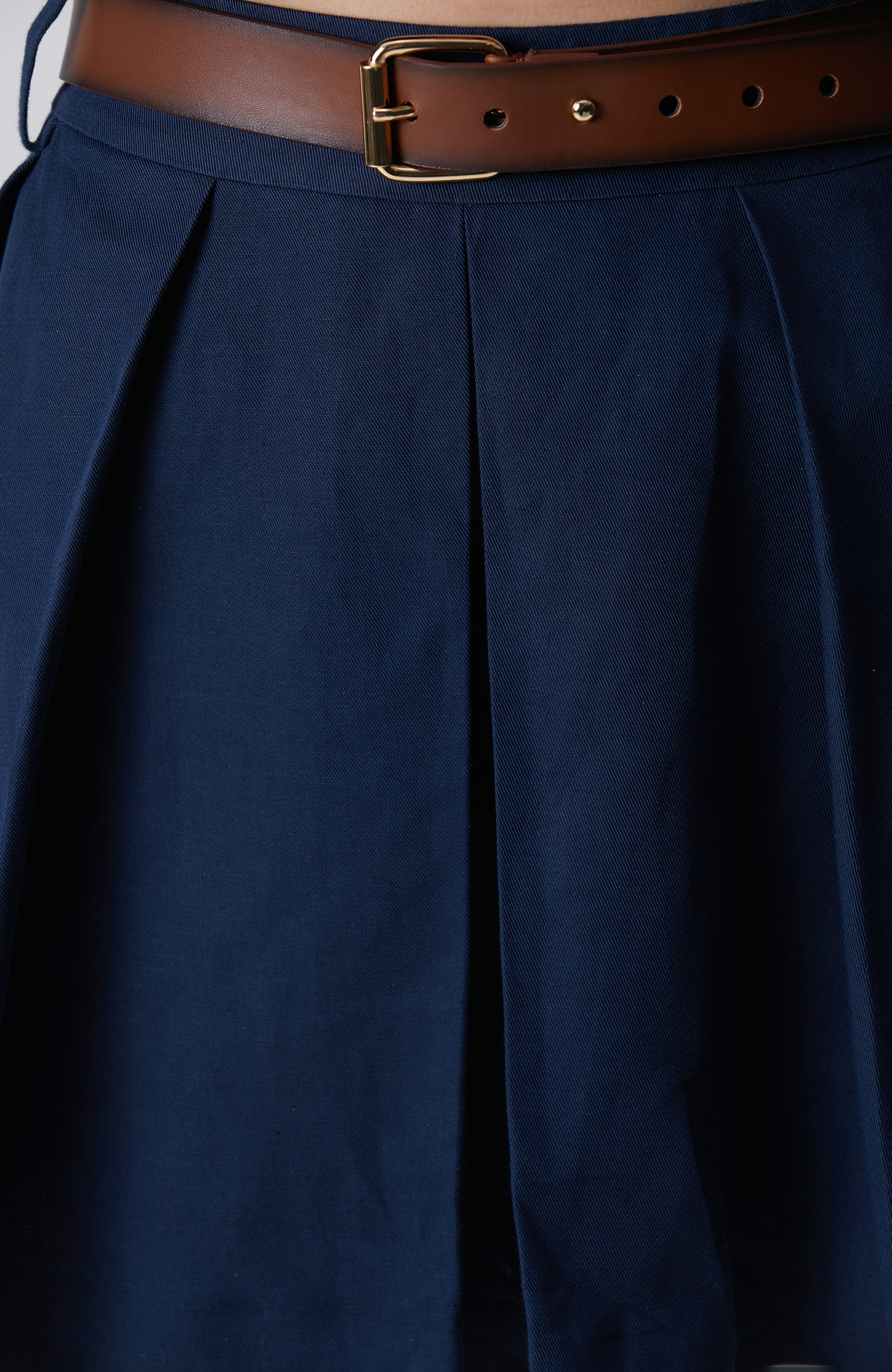 Navy Blue Pleated Linen Blend Mini Skirt