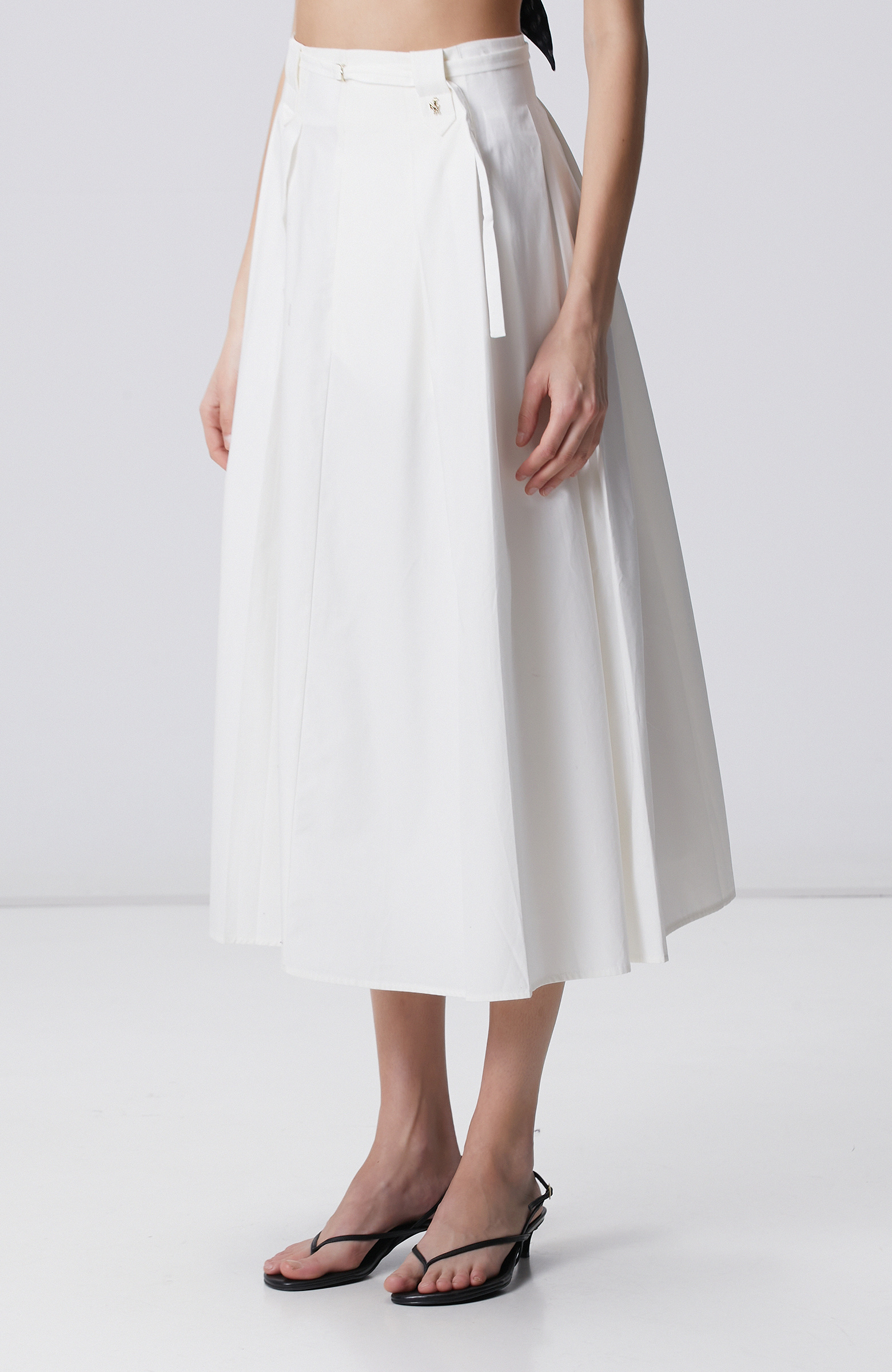 Beyaz Pilili Midi Poplin Etek