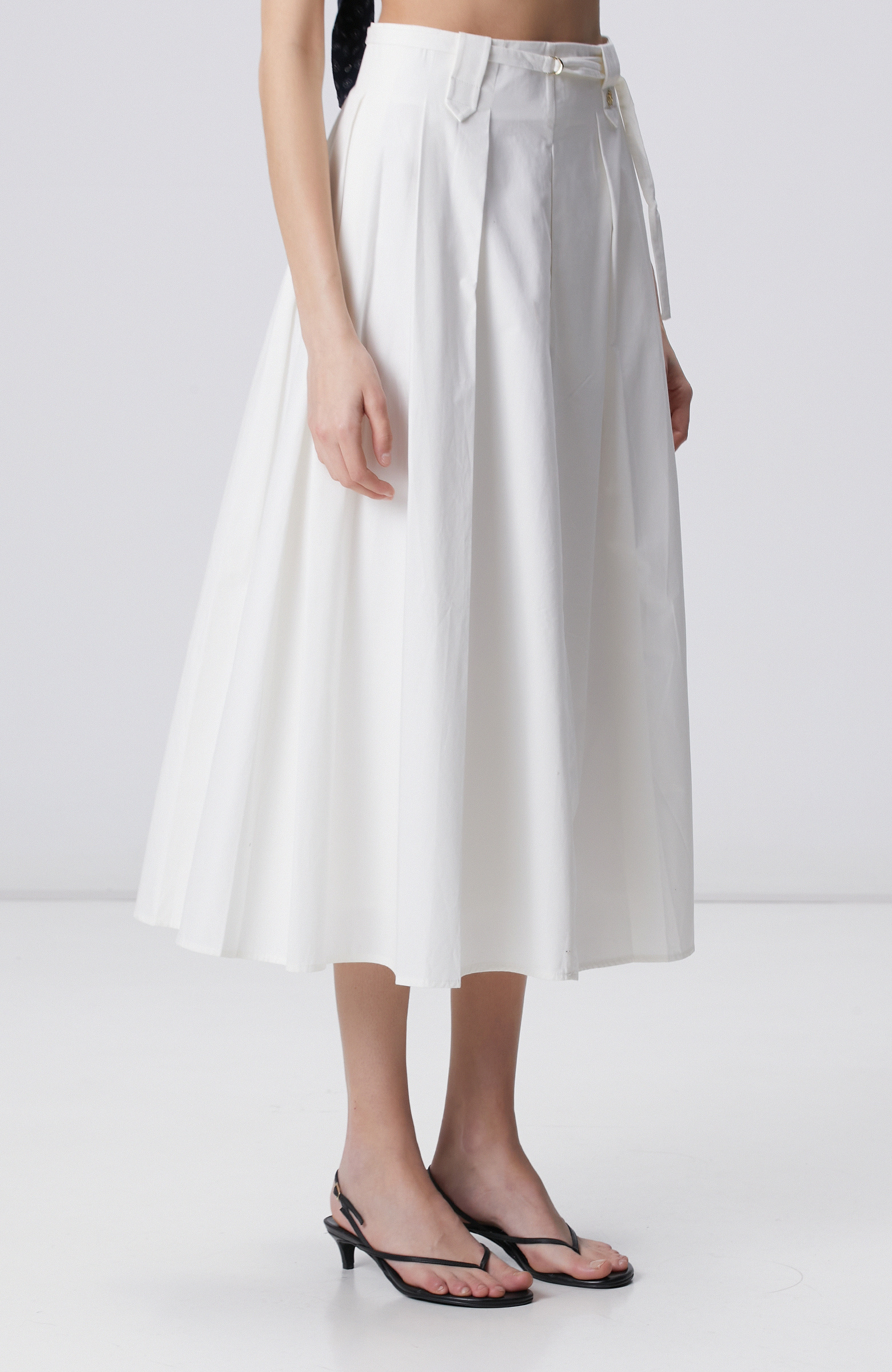 Beyaz Pilili Midi Poplin Etek