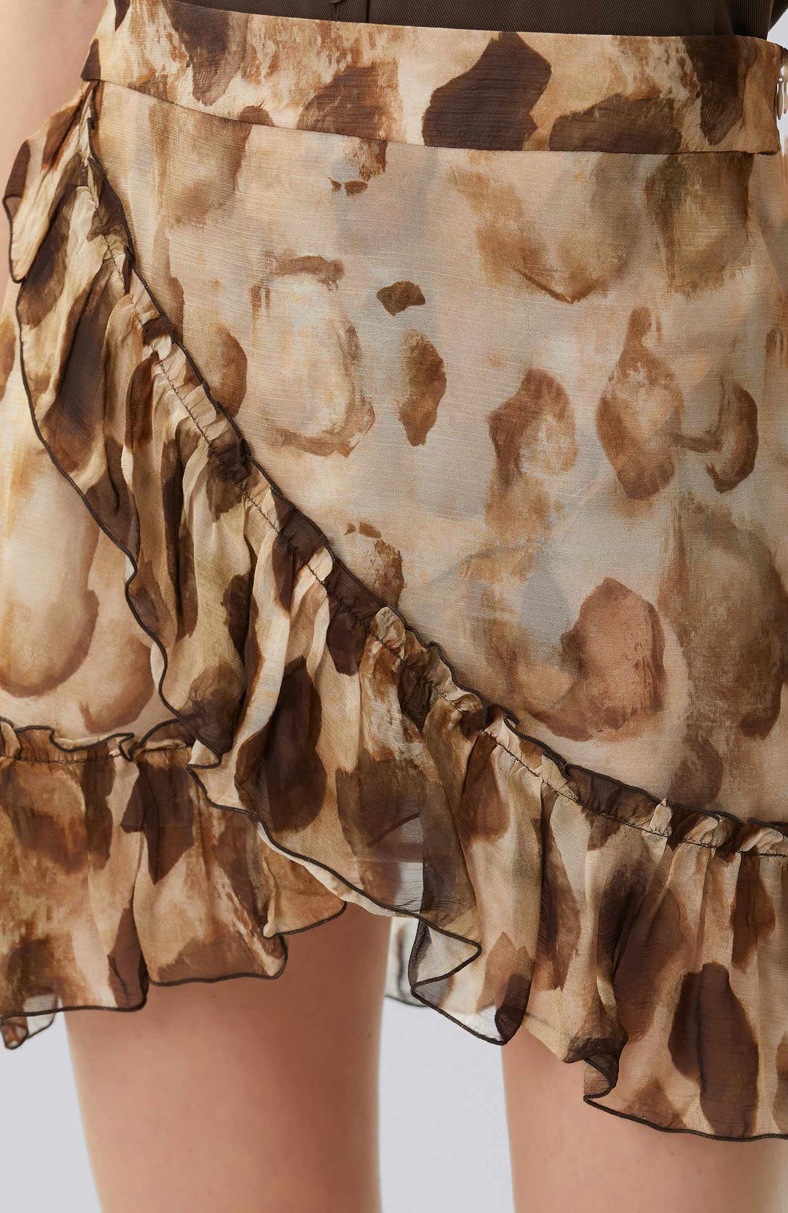 Kahverengi İpek Karışımlı Volanlı Mini Etek