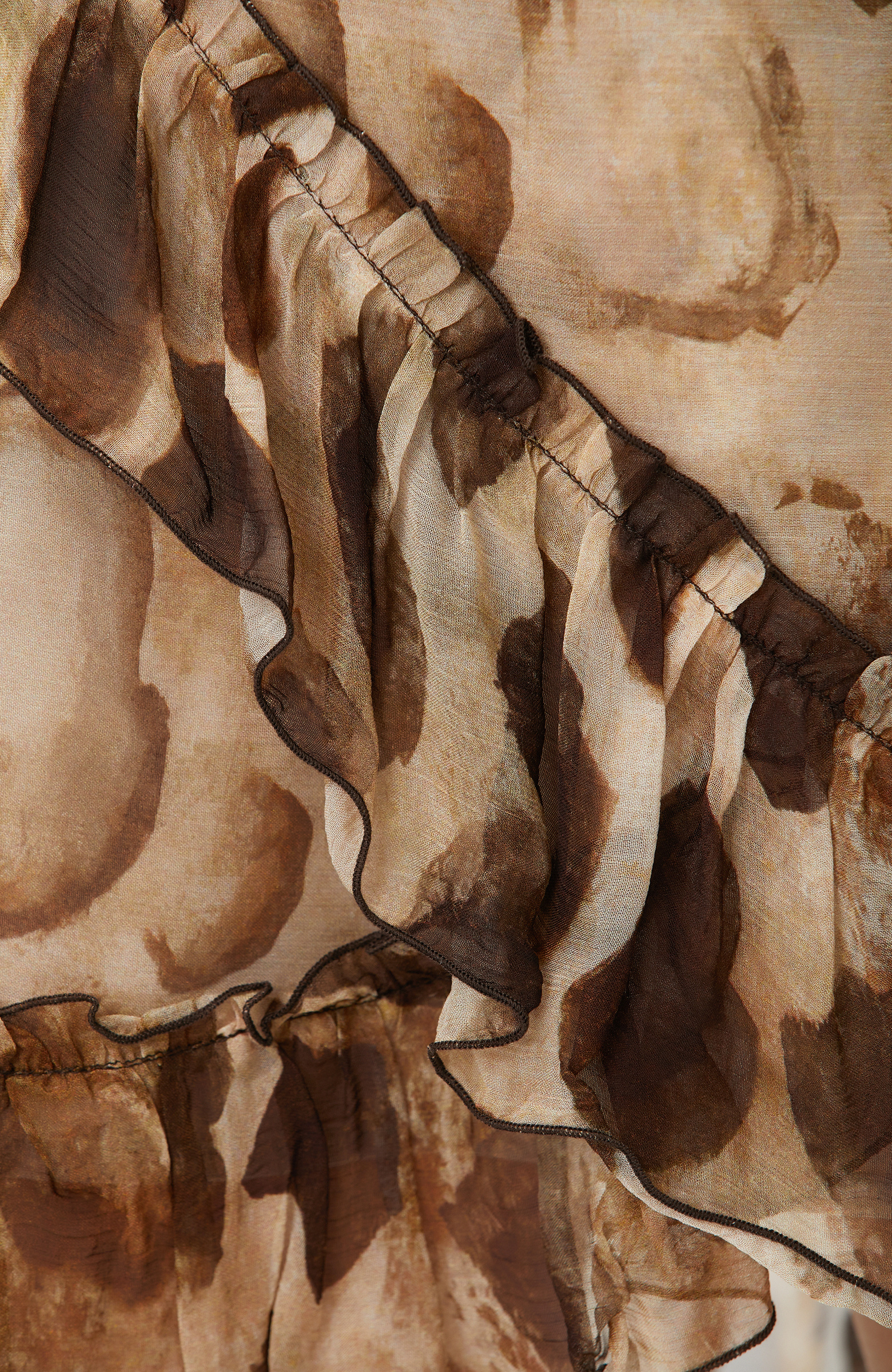 Kahverengi İpek Karışımlı Volanlı Mini Etek