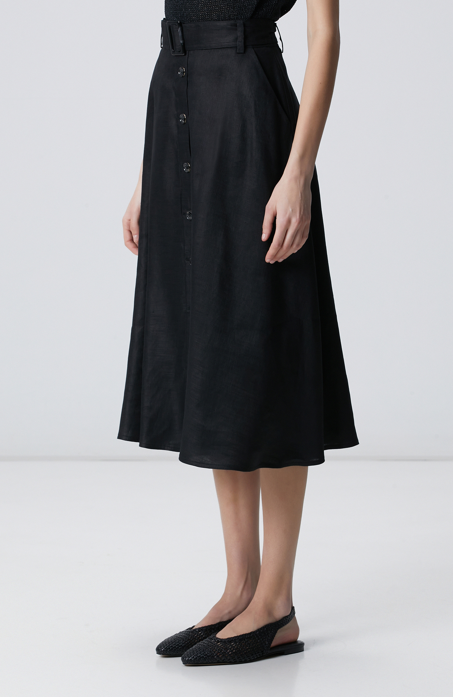 Siyah Düğmeli Midi Keten Etek