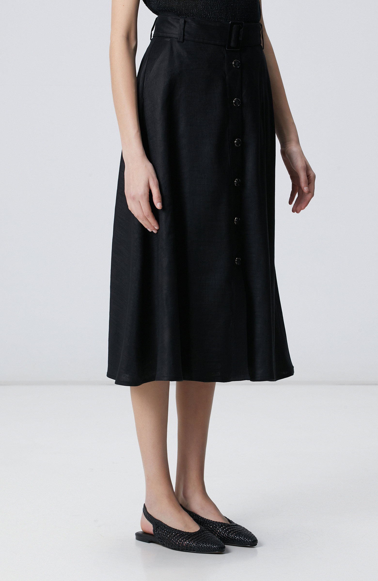 Siyah Düğmeli Midi Keten Etek