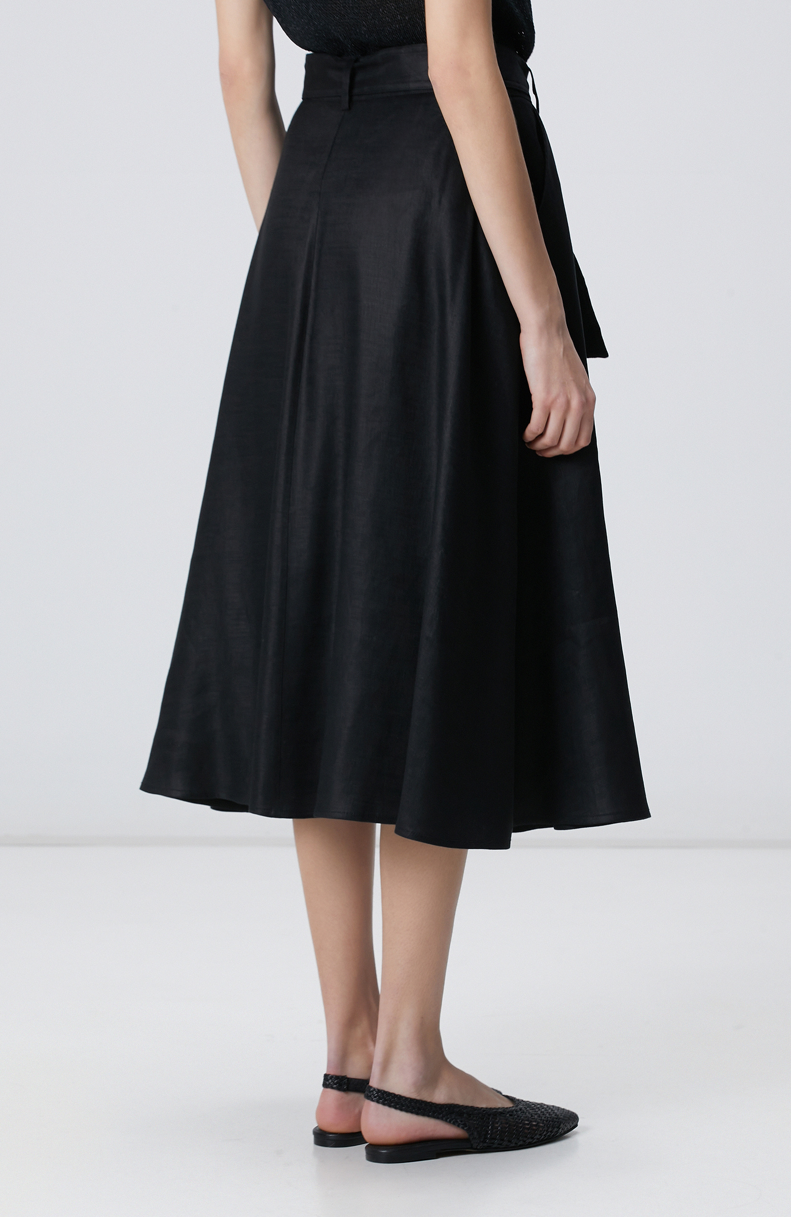 Siyah Düğmeli Midi Keten Etek