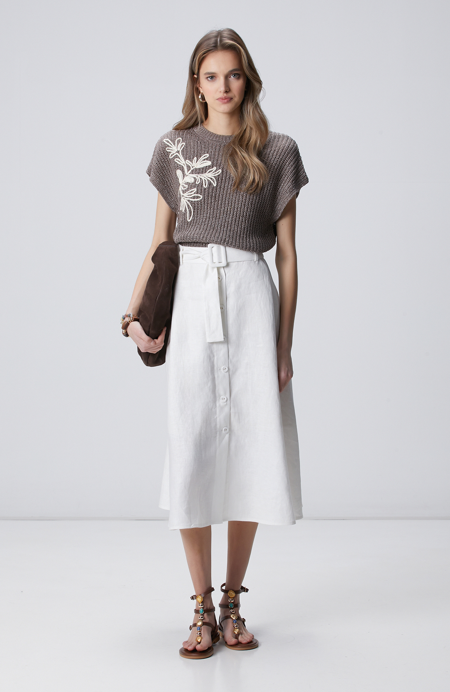 Kırık Beyaz Düğmeli Keten Midi Etek