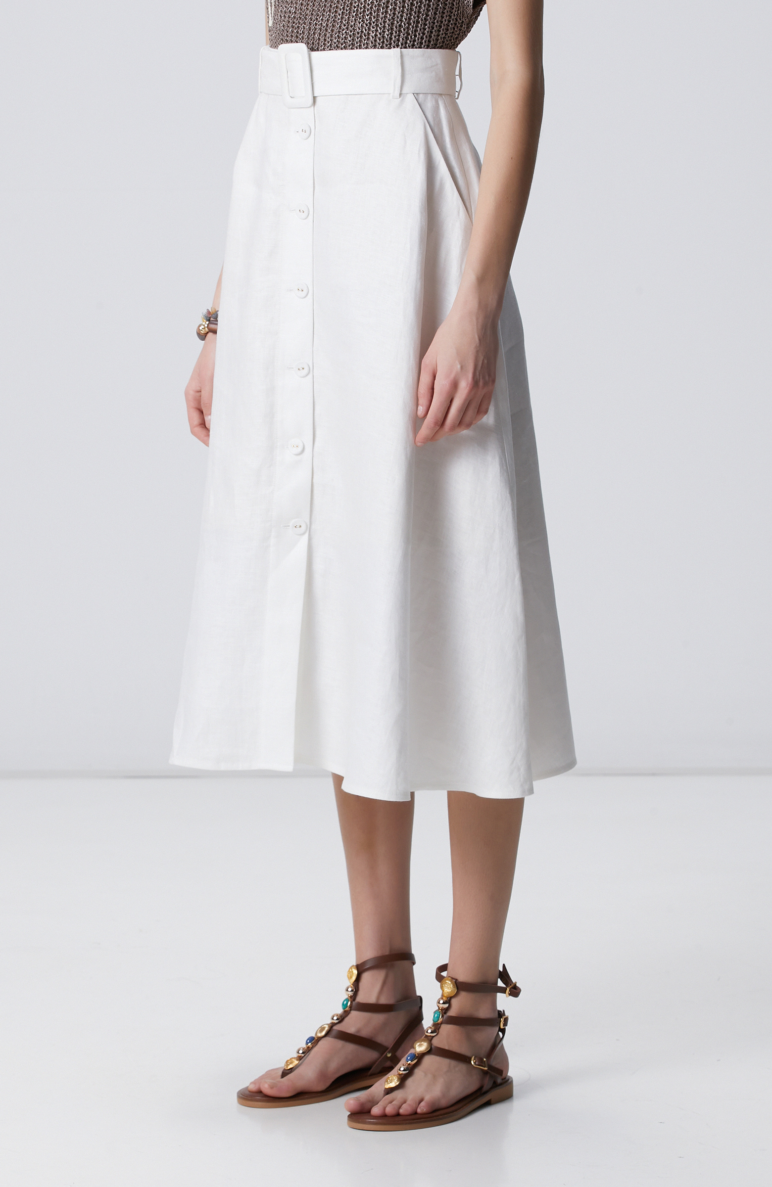 Kırık Beyaz Düğmeli Keten Midi Etek
