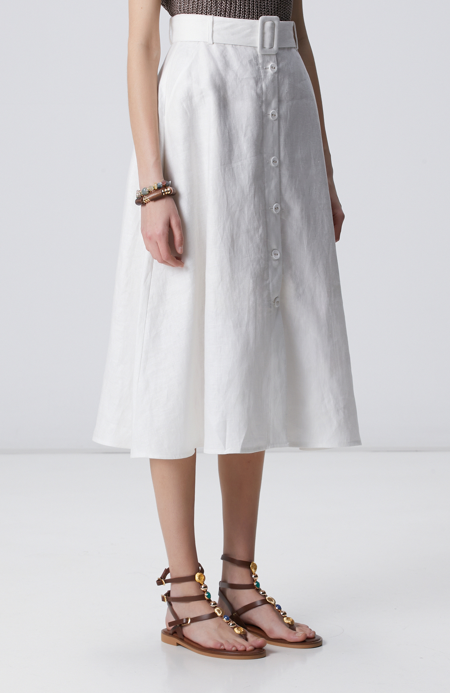 Kırık Beyaz Düğmeli Keten Midi Etek