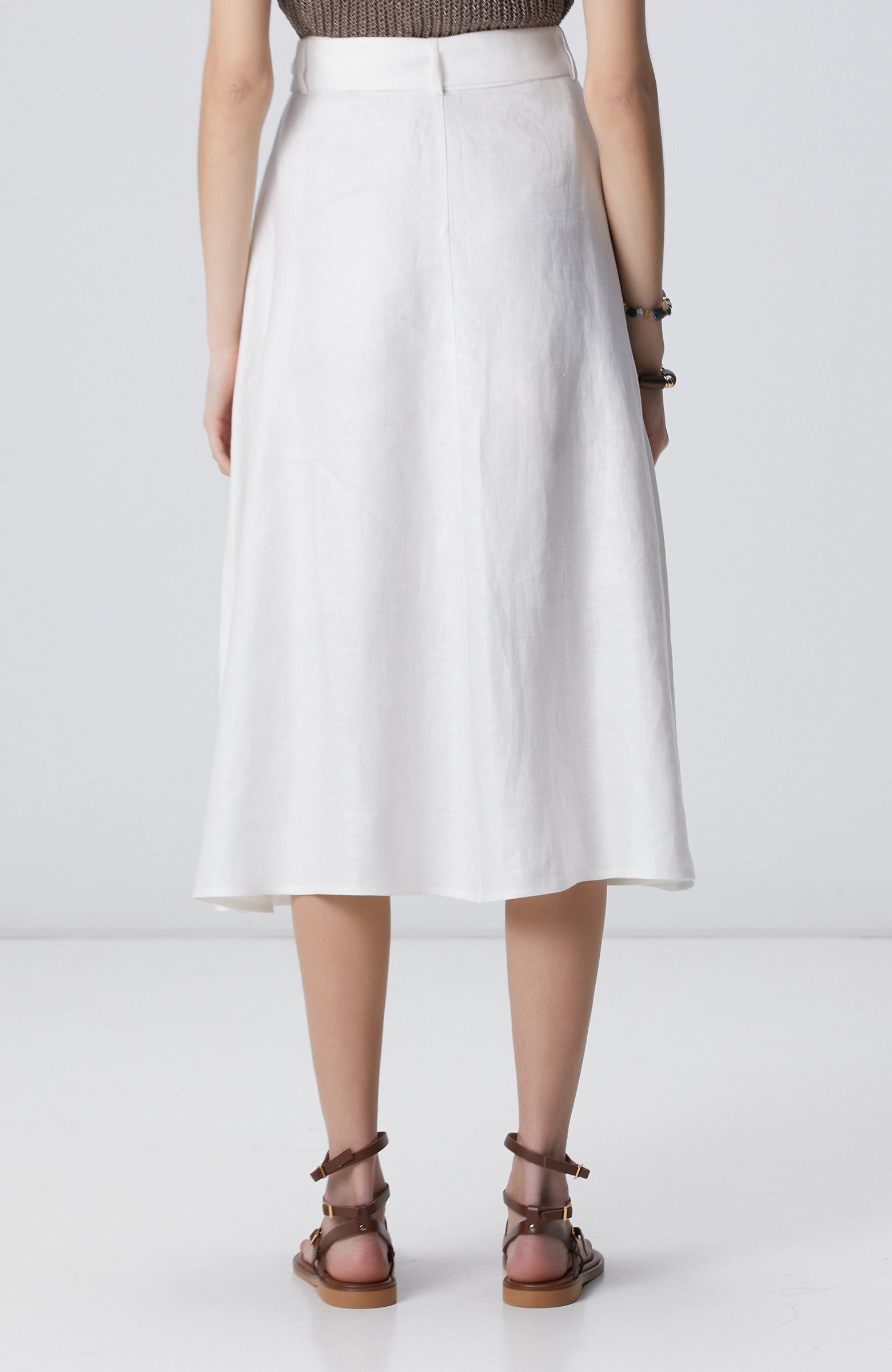 Kırık Beyaz Düğmeli Keten Midi Etek