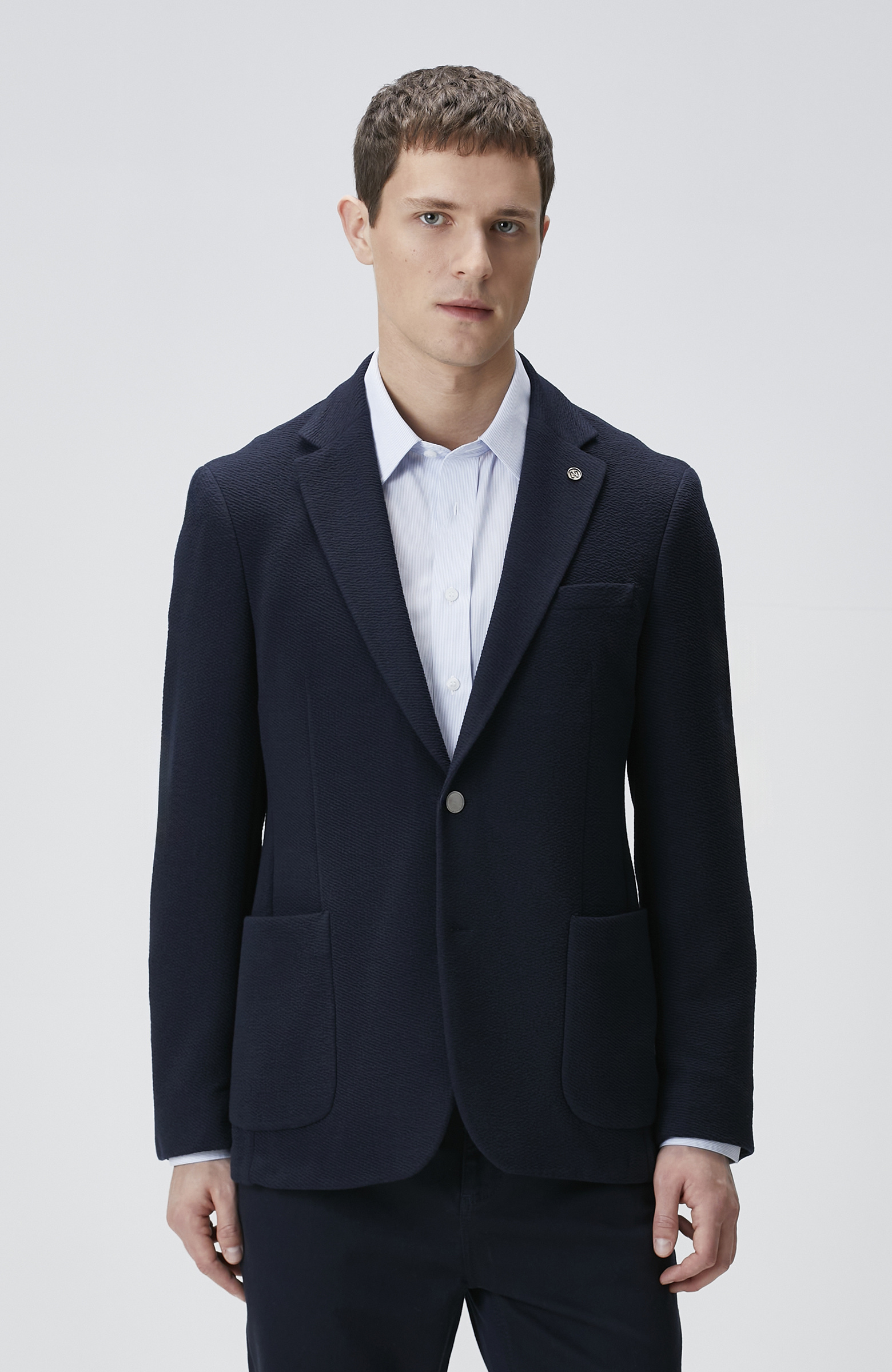 Lacivert Slim Fit Gofre Desen Örme Ceket