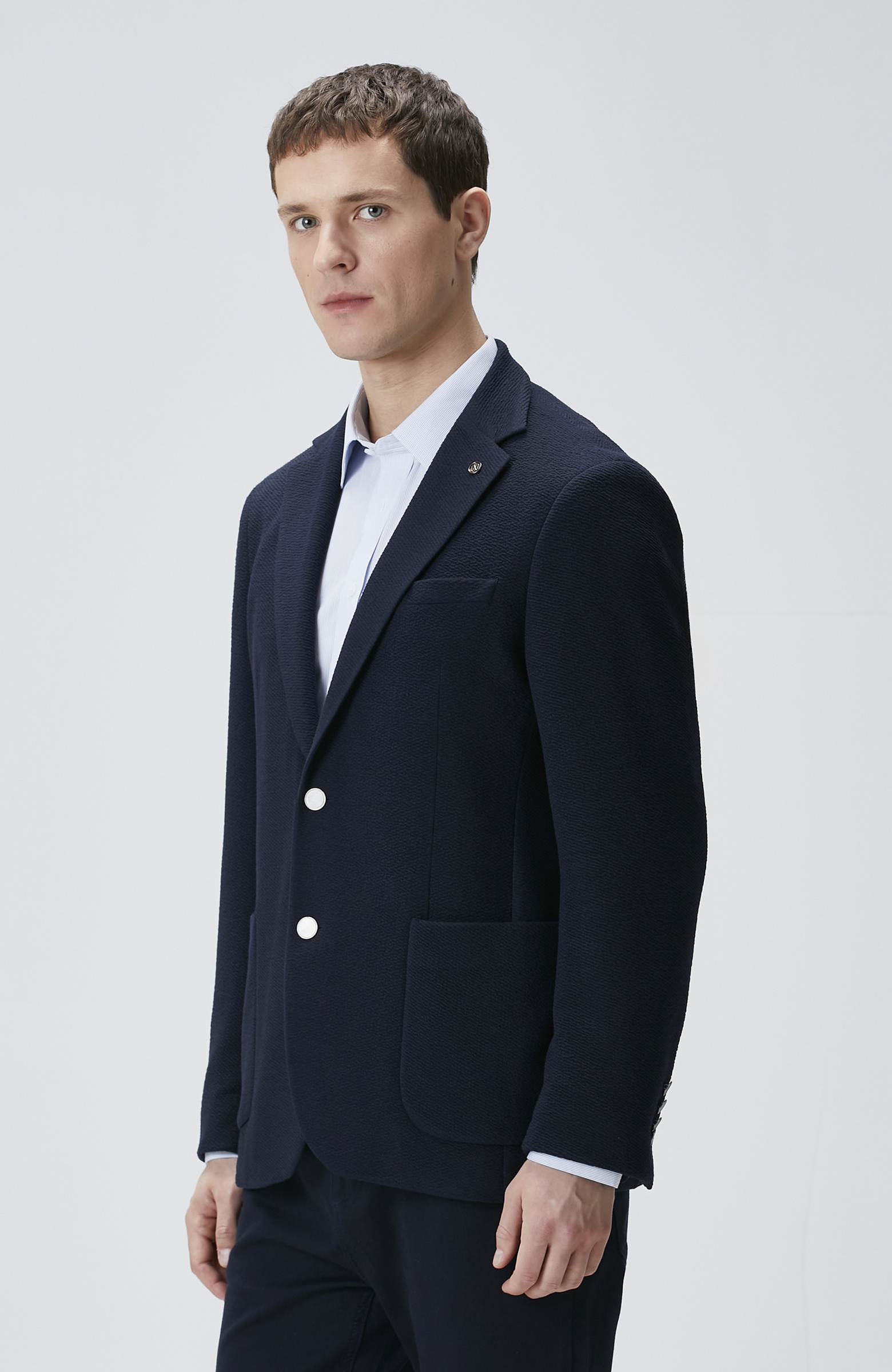 Lacivert Slim Fit Gofre Desen Örme Ceket