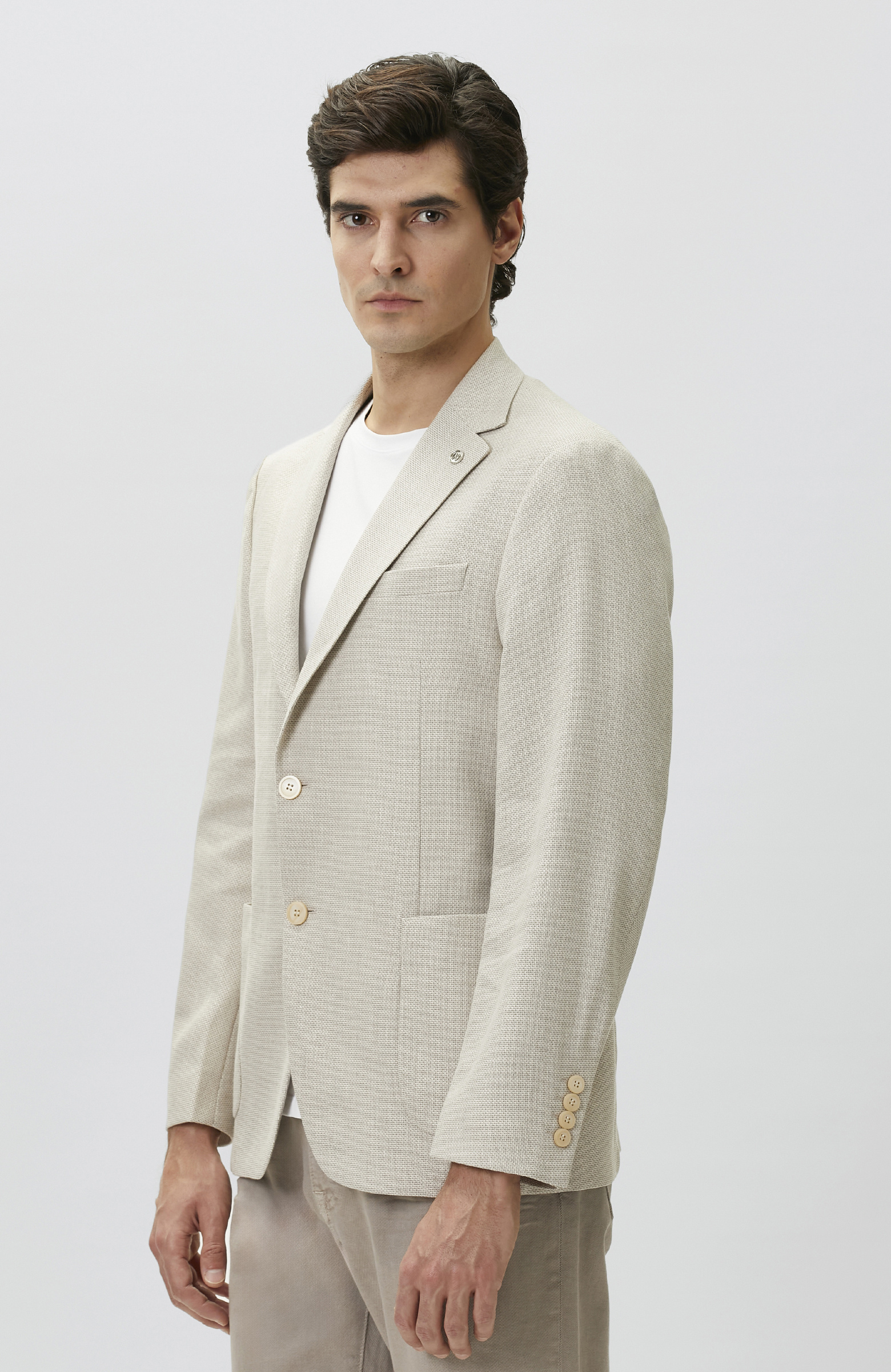 Slim Fit Bej Mono Yaka Jakarlı Dokuma Ceket