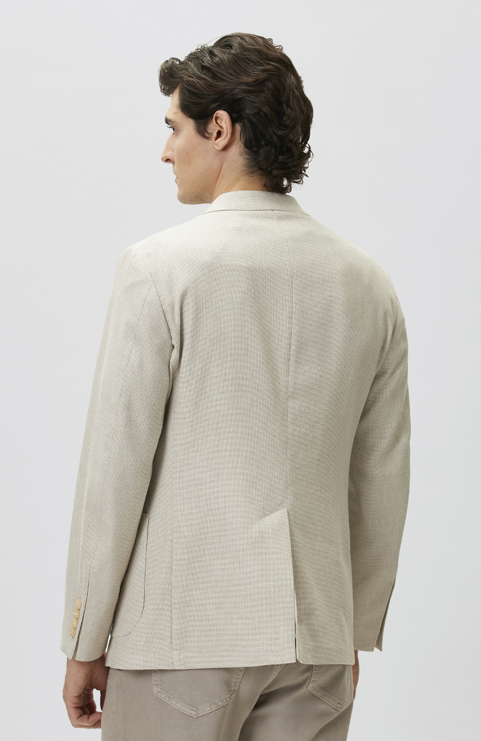 Slim Fit Bej Mono Yaka Jakarlı Dokuma Ceket