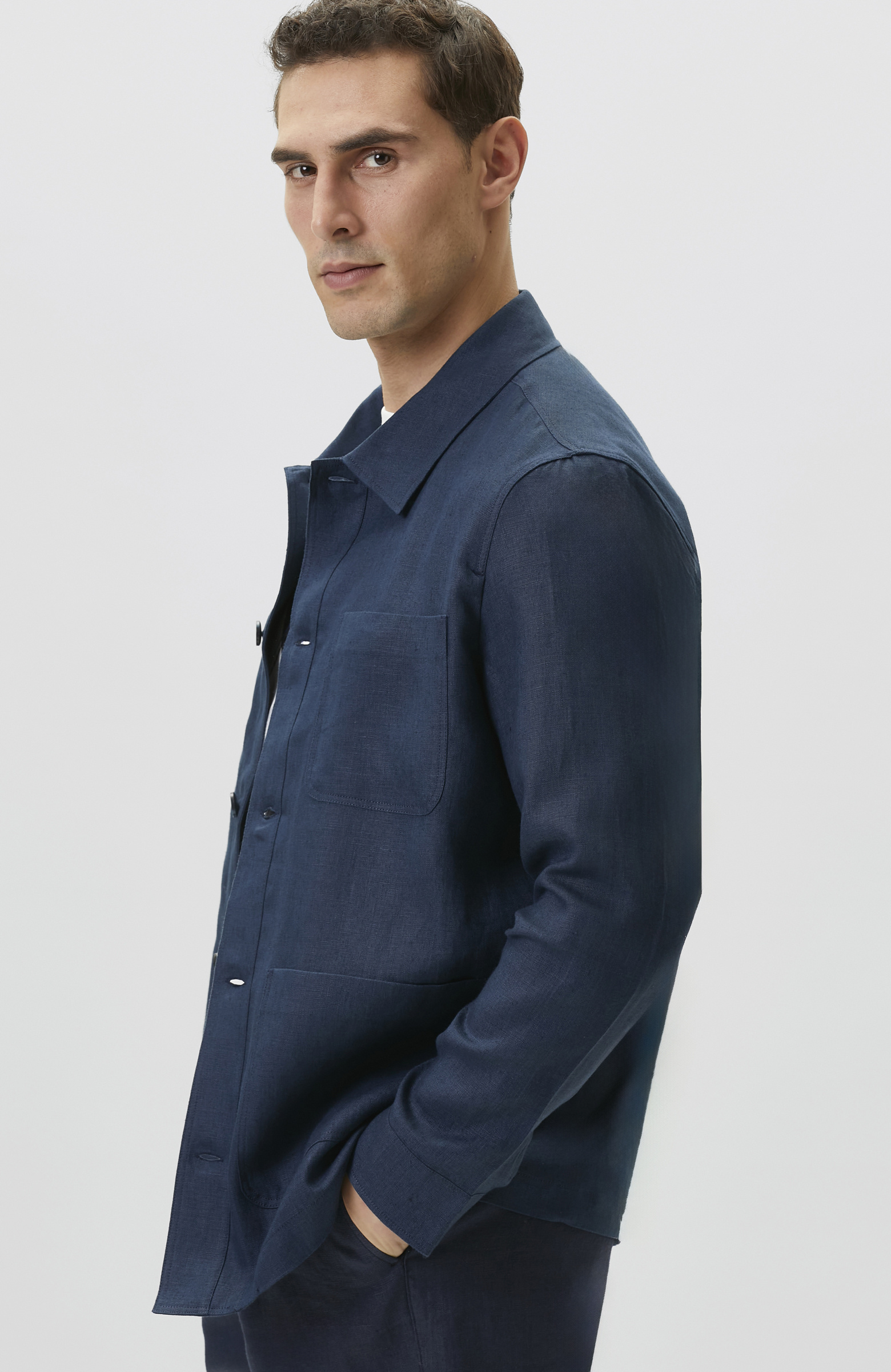 Comfort Fit Lacivert Cep Detaylı Keten Dış Gömlek