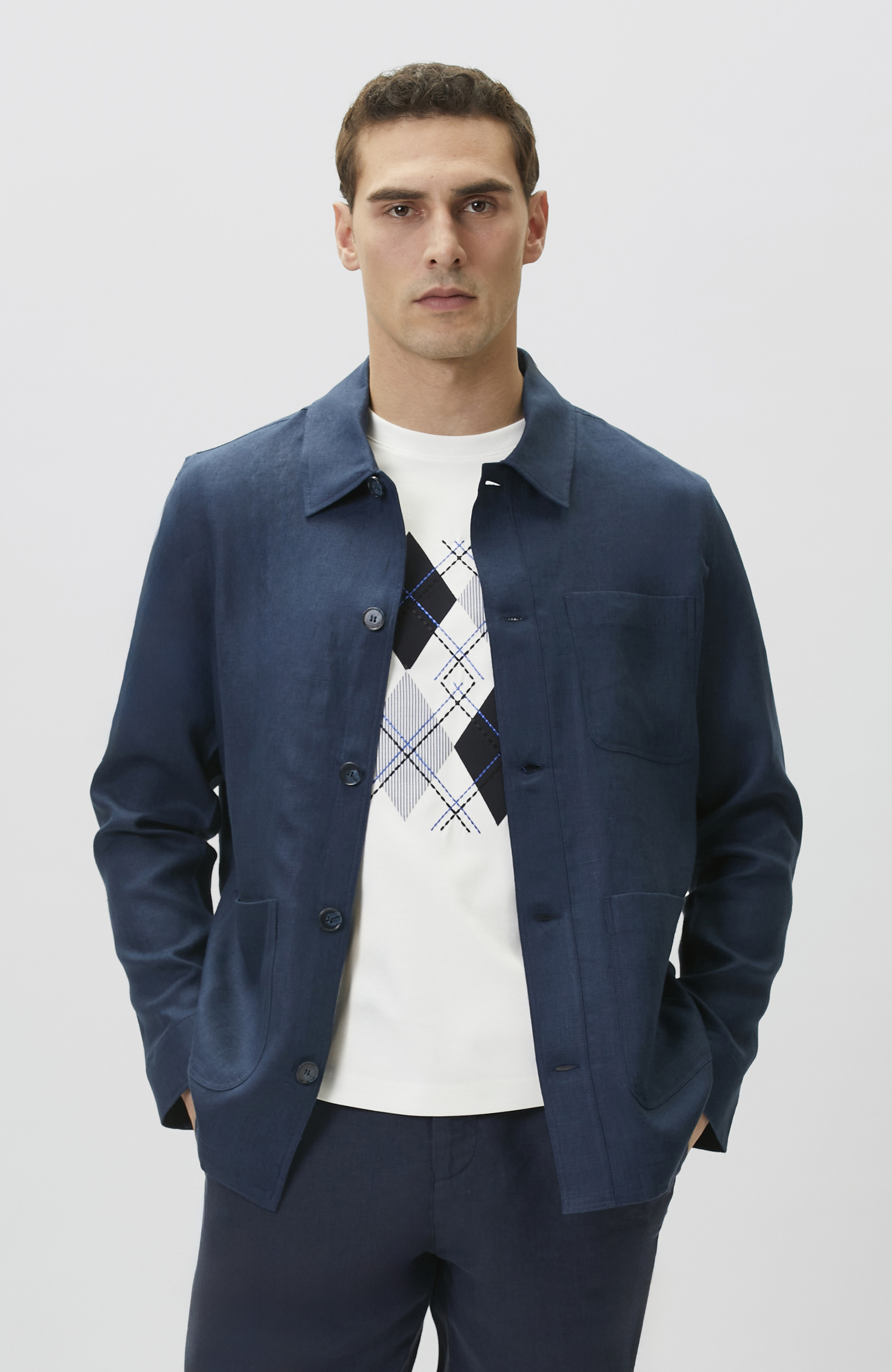 Comfort Fit Lacivert Cep Detaylı Keten Dış Gömlek