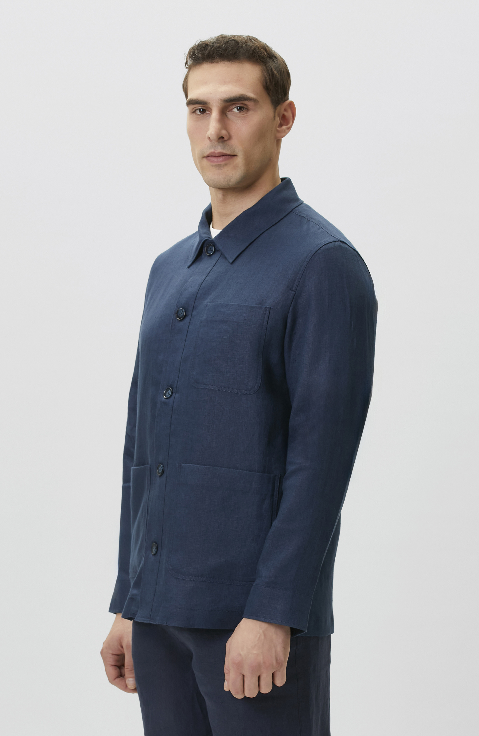 Comfort Fit Lacivert Cep Detaylı Keten Dış Gömlek