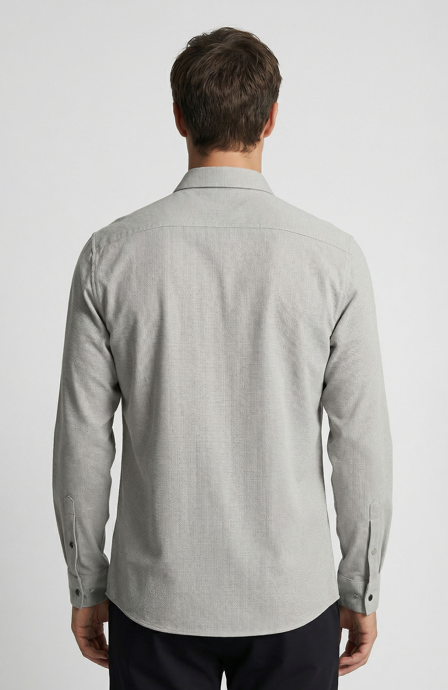 Gri Slim Fit Çizgili Göğüs Cep Detaylı Dış Gömlek