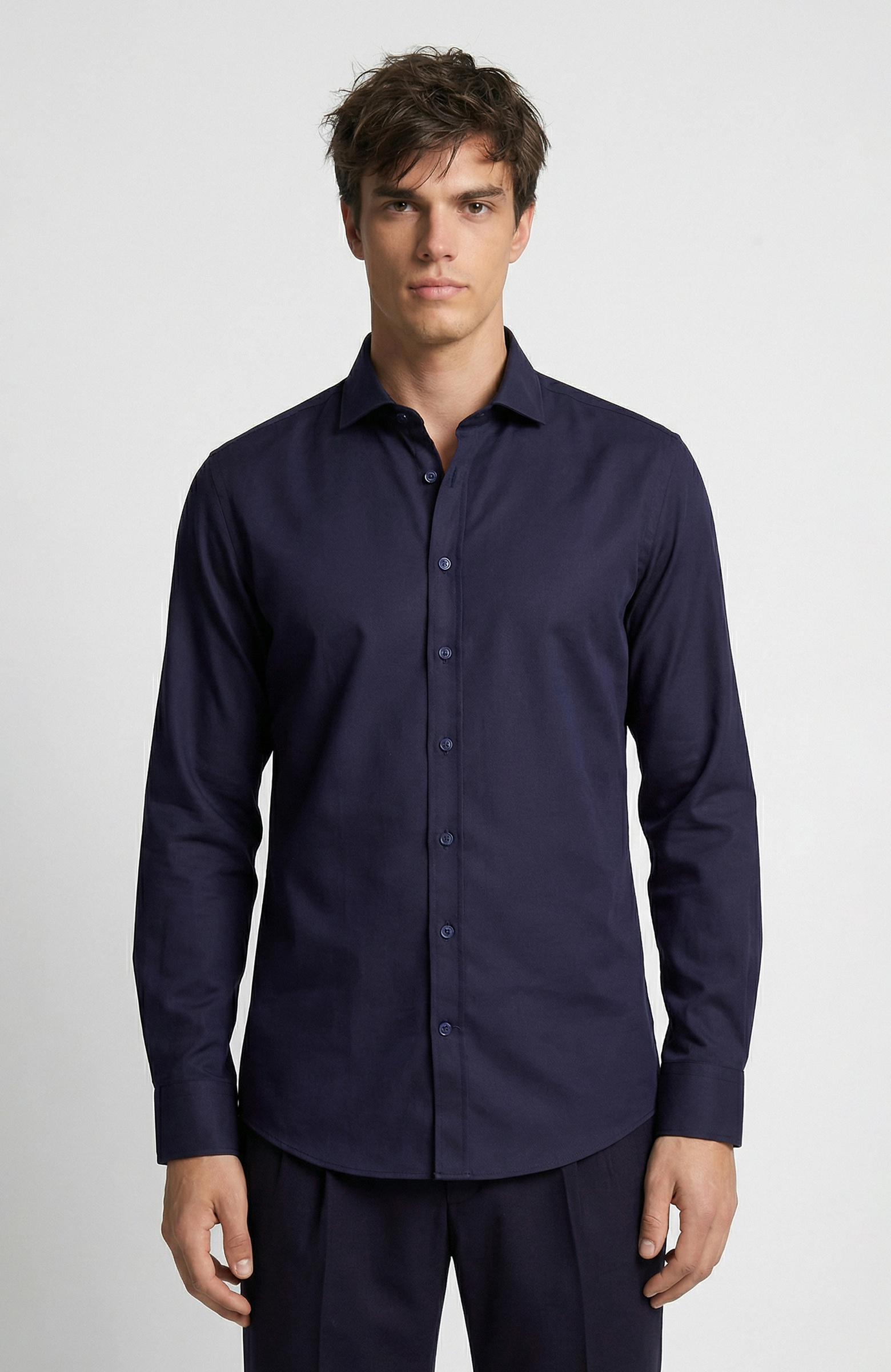 Slim Fit Lacivert Düz Pamuk Saten Gömlek