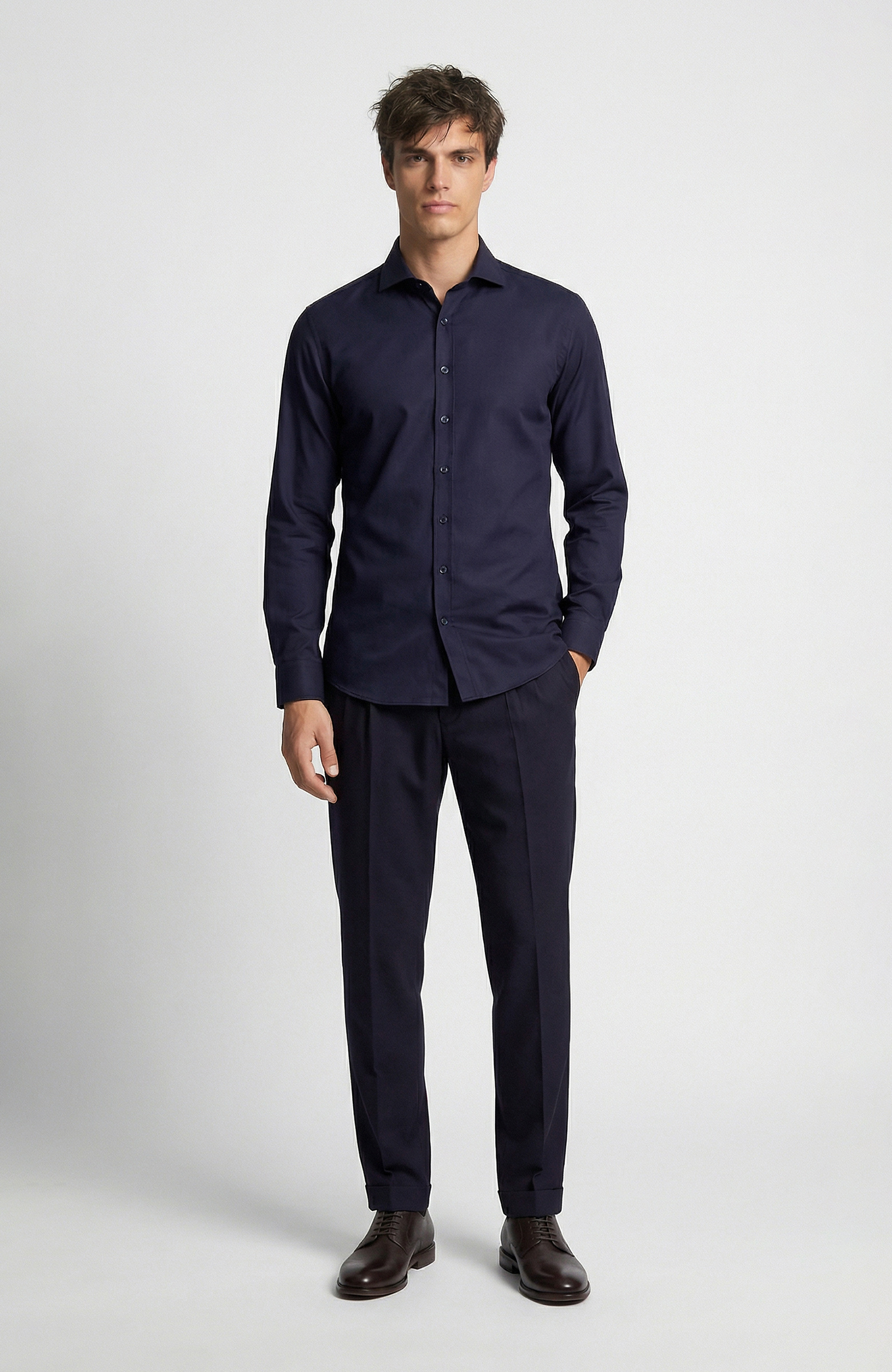 Slim Fit Lacivert Düz Pamuk Saten Gömlek