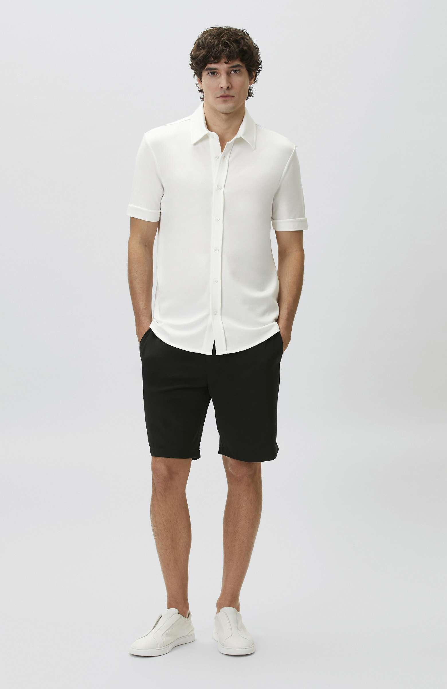 Slim Fit Off White Short Sleeve Knitted Shirt
