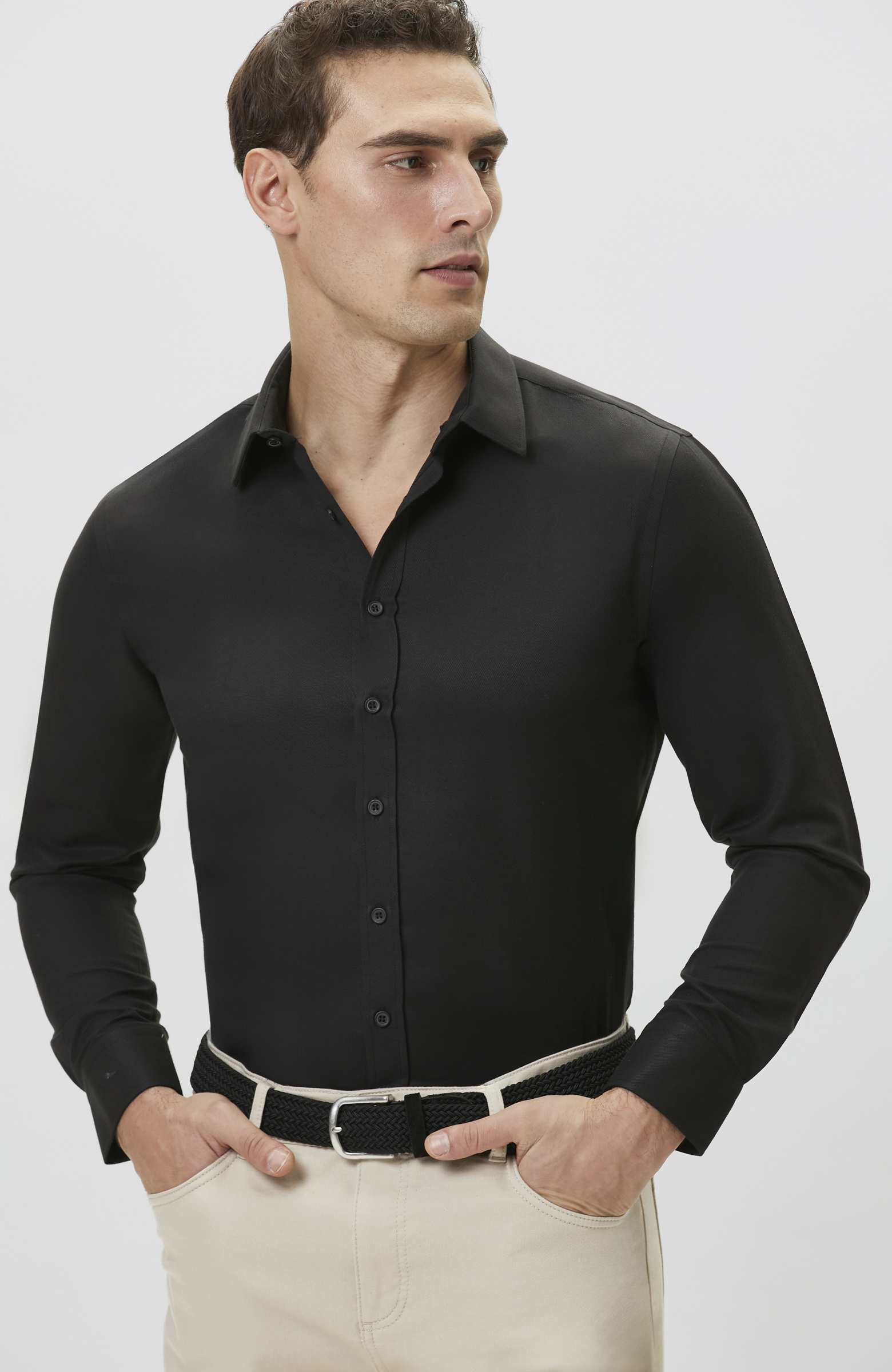 Slim Fit Siyah Diyagonal Cotton Gömlek