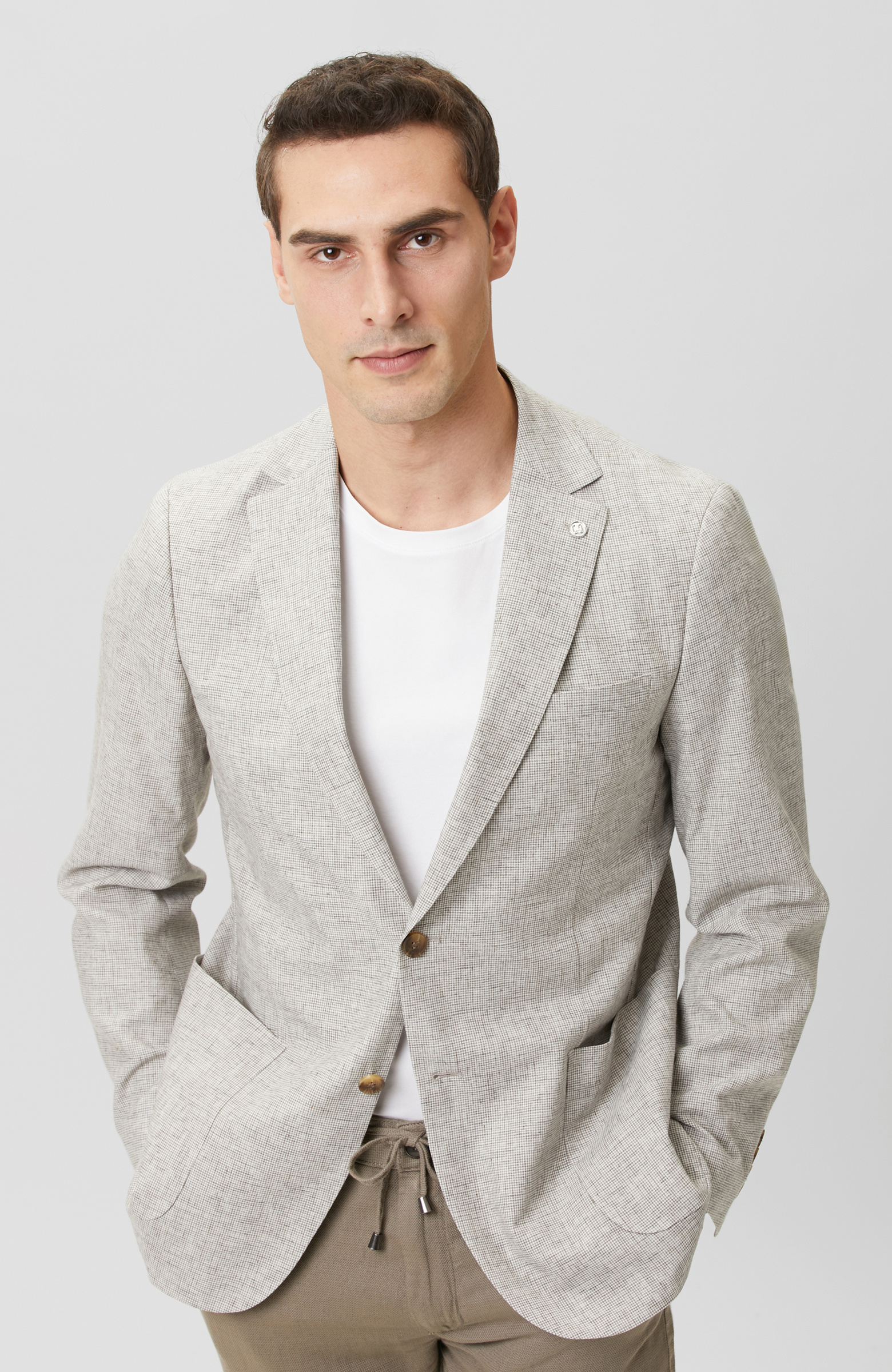 Bej Pötikareli Keten Mix Ceket