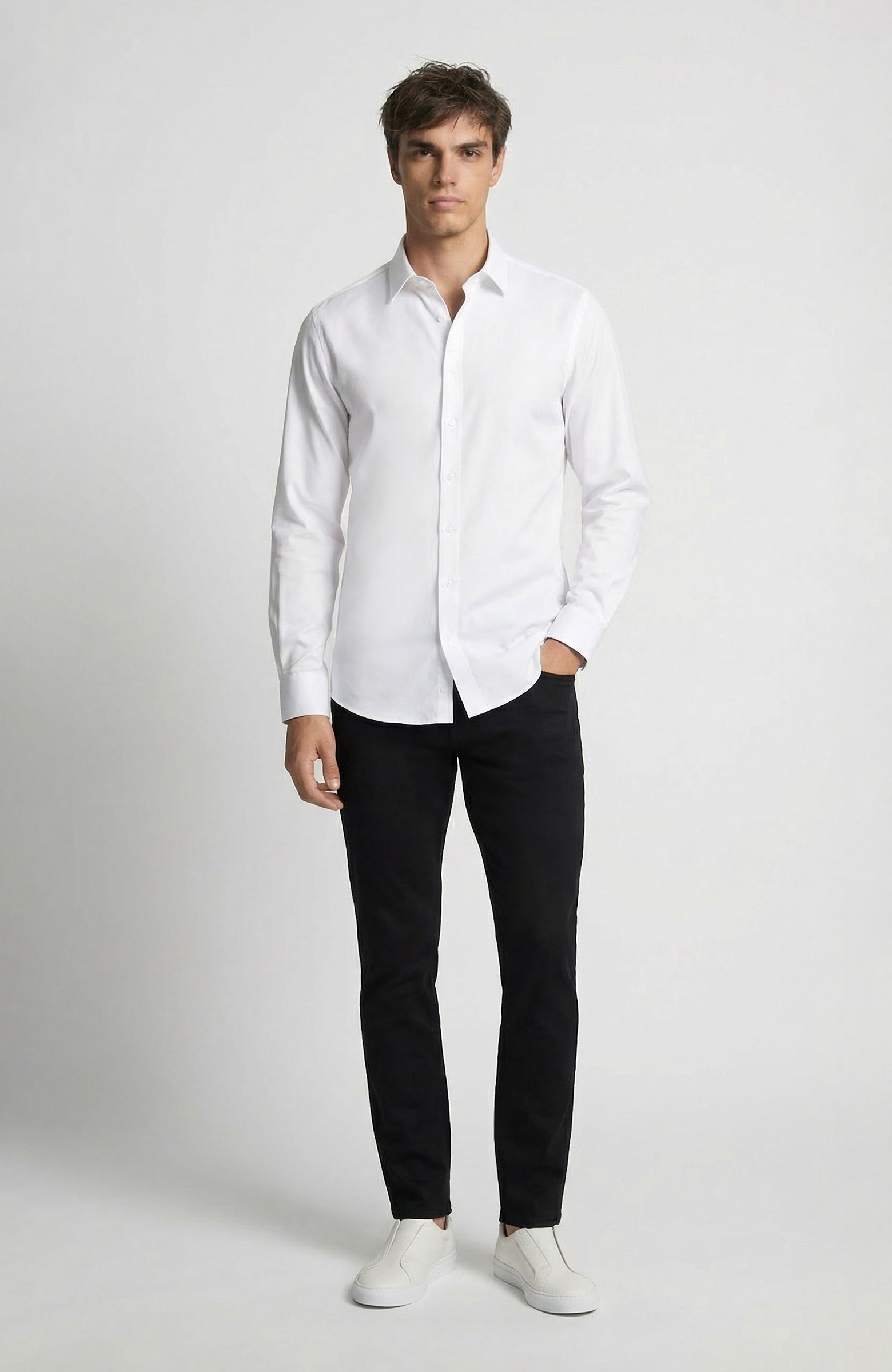 Slim Fit Beyaz Lycralı Cotton Petek Desen Gömlek