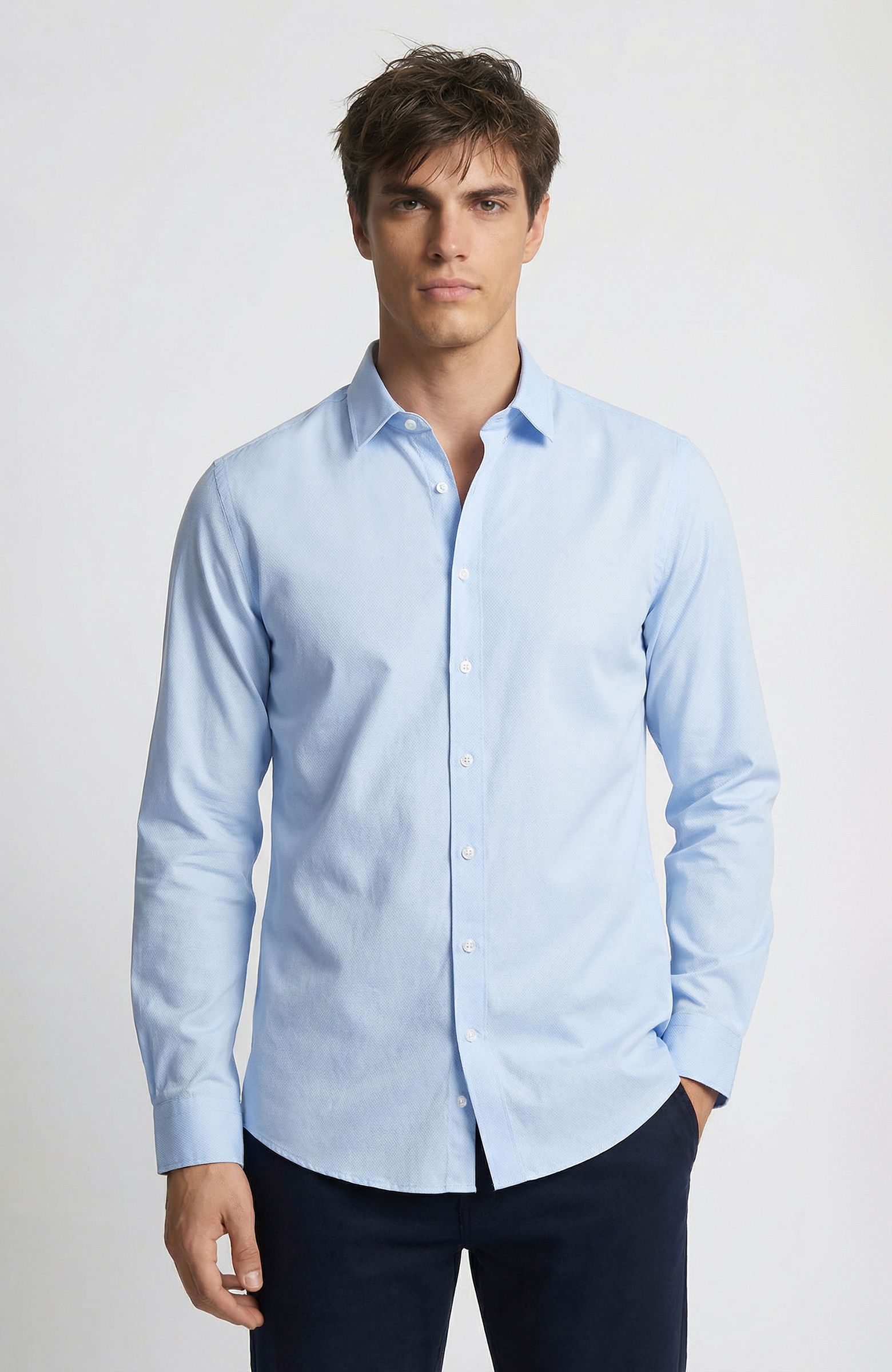 Slim Fit Mavi Lycralı Cotton Petek Desen Gömlek