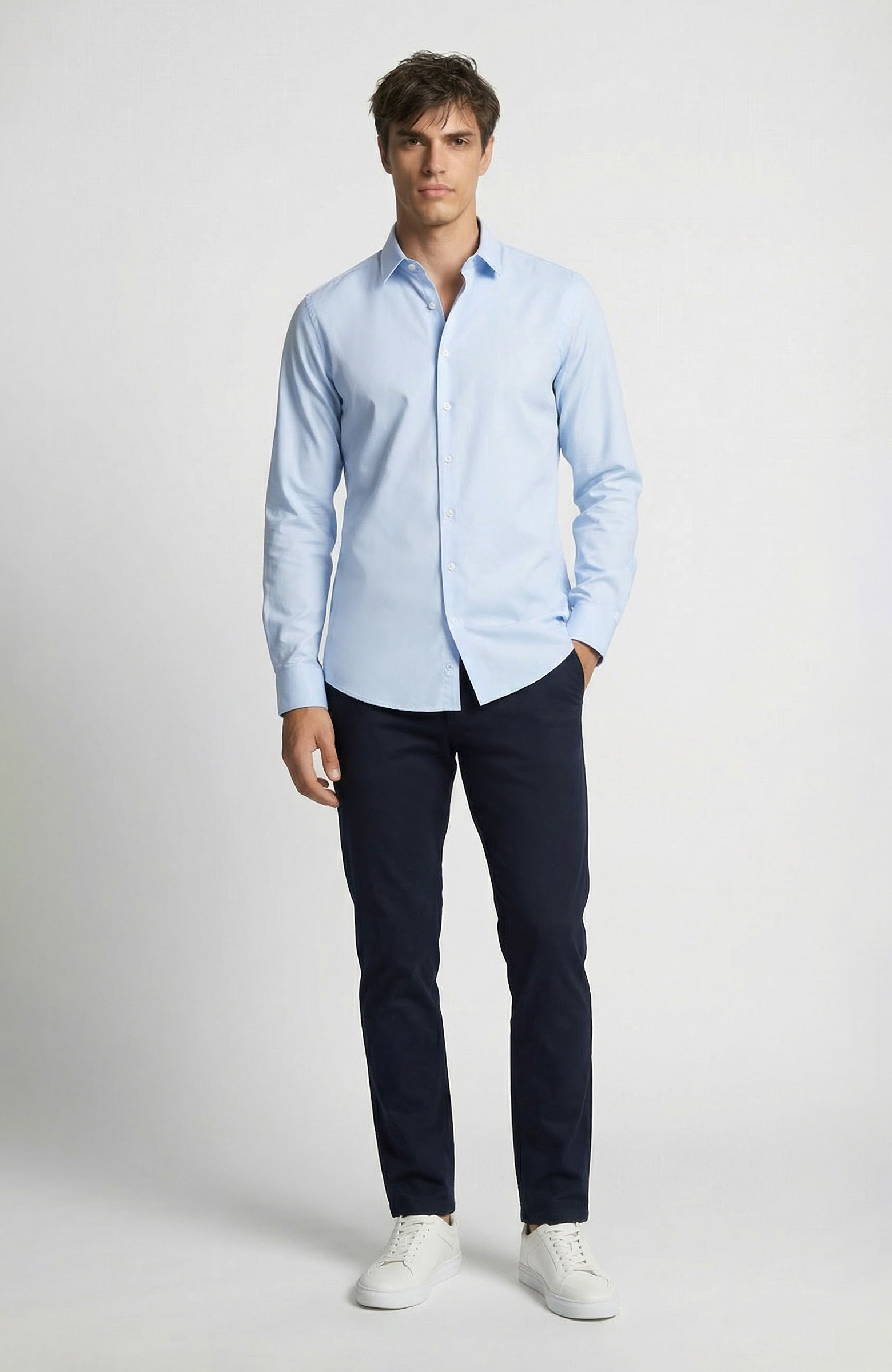 Slim Fit Mavi Lycralı Cotton Petek Desen Gömlek