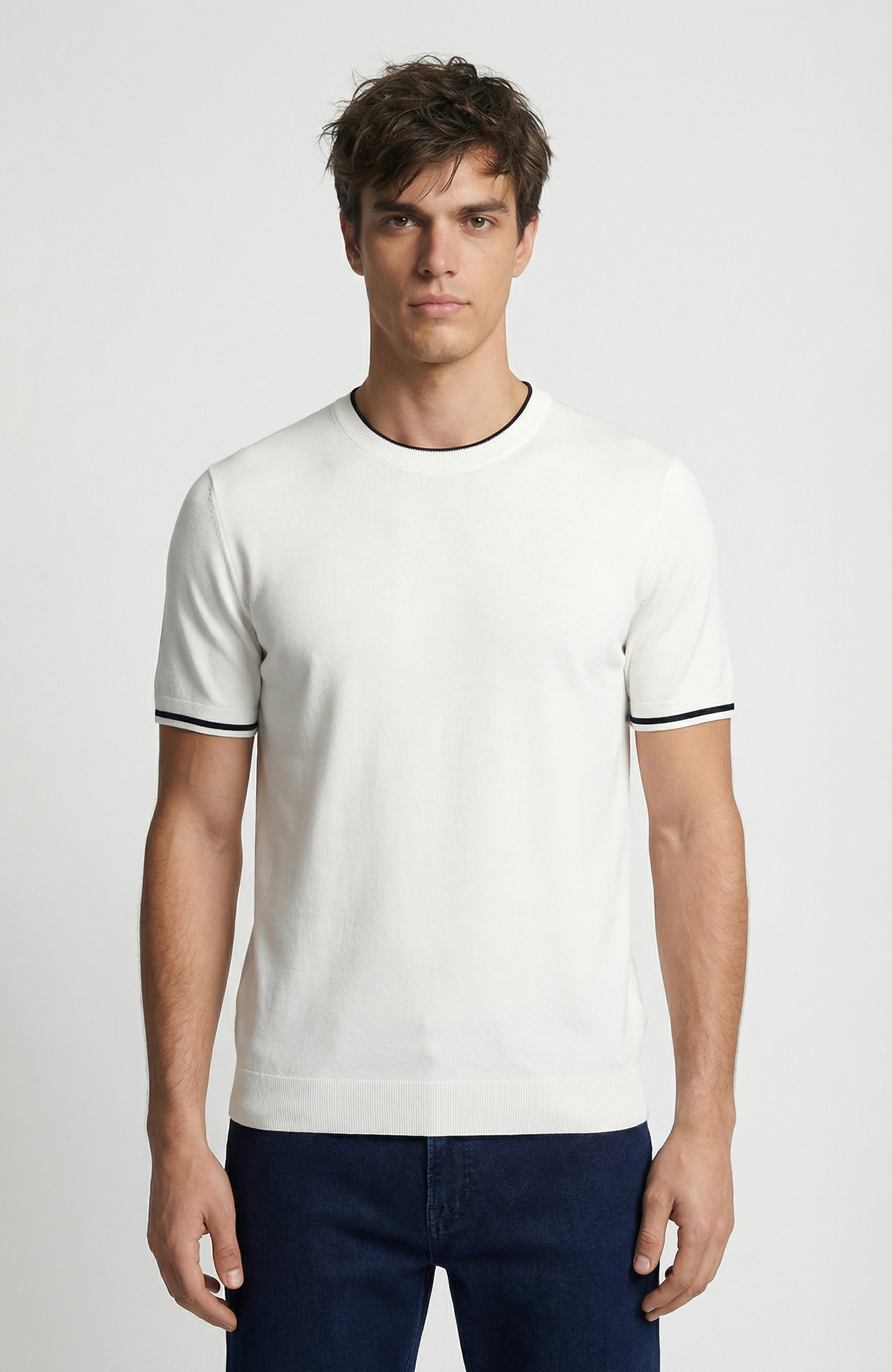 Ekru Kontrast Renk Şeritli Rayon Kazak