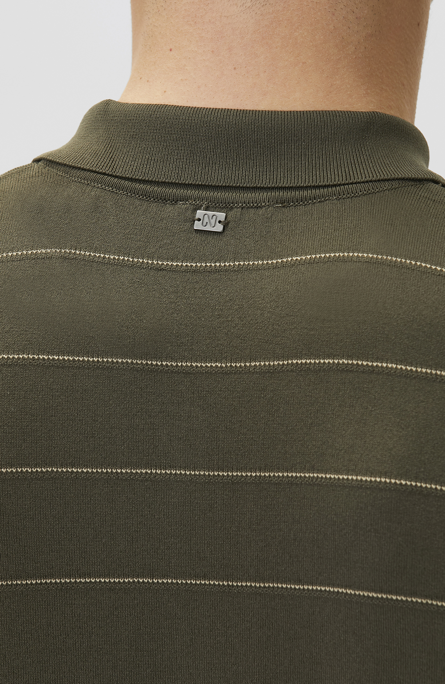 Haki Fermuarlı Polo Yaka Çizgili Kısa Kol Kazak