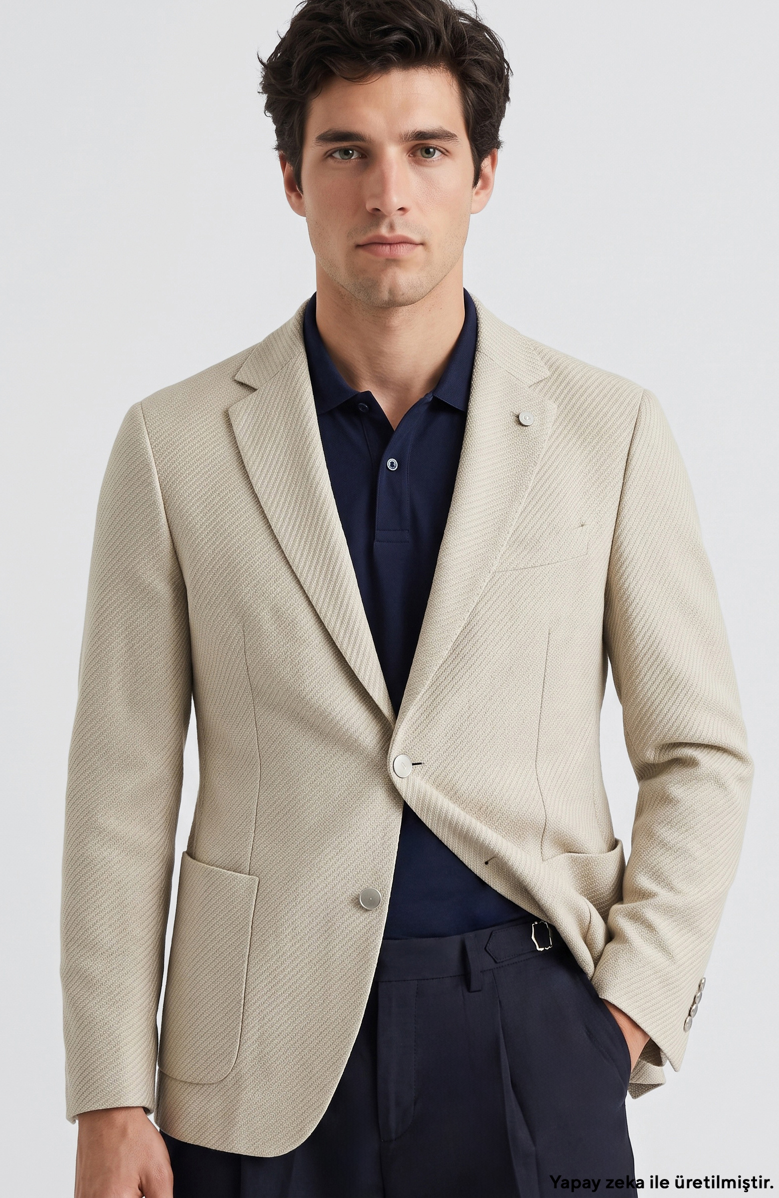 Beige Mono Collar Diagonal Knitted Jacket